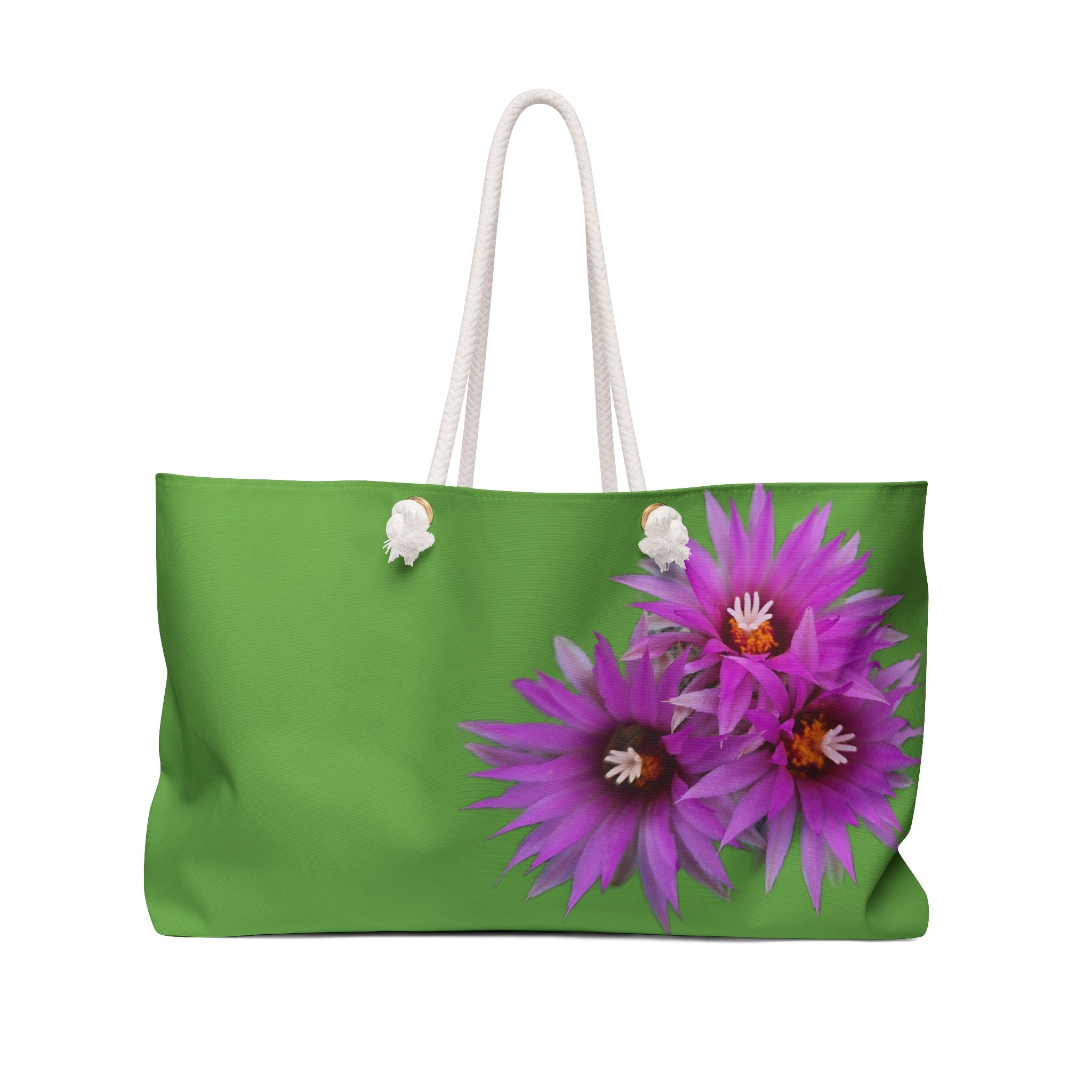 Weekender Bag — Green Tote with Vibrant Purple Flowers | Floral Beach & Travel Bag