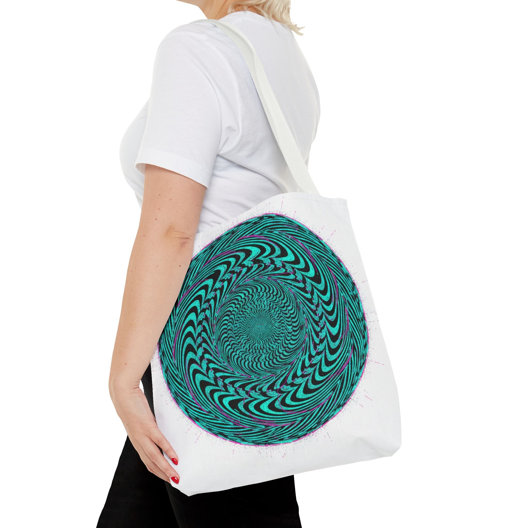 Psychedelic Spiral Tote Bag — Teal Optical Illusion All-Over Print