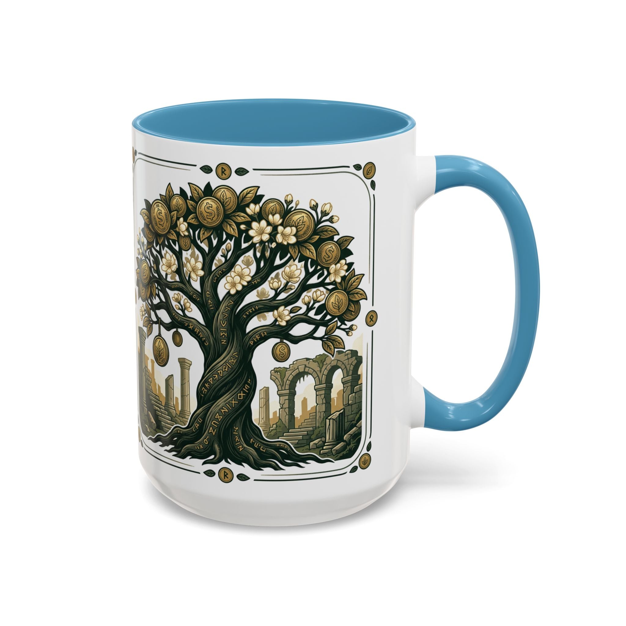 Ornate Tree of Coins Coffee Mug — Gold Ruins Accent Ceramic Mug (11/15oz)