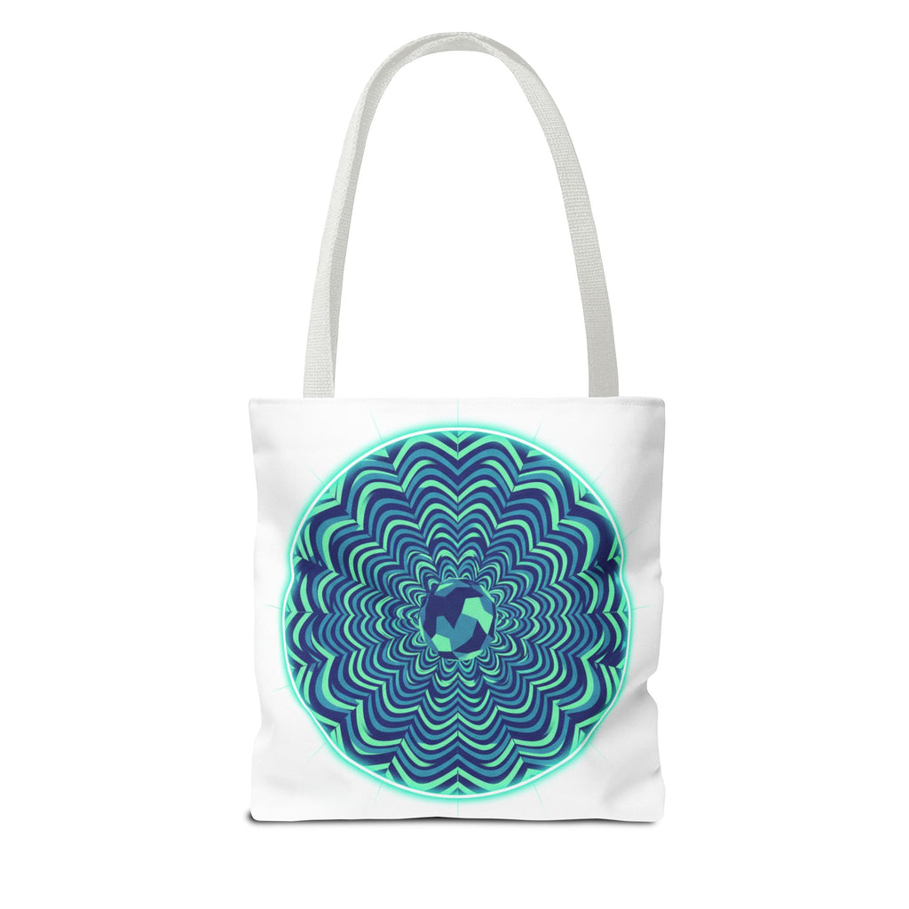 Psychedelic Mandala Tote Bag — Blue Green Optical Art All-Over Print