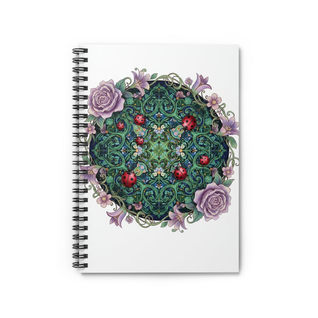 Floral Mandala Spiral Notebook — Garden Rose Ladybug Ruled Journal