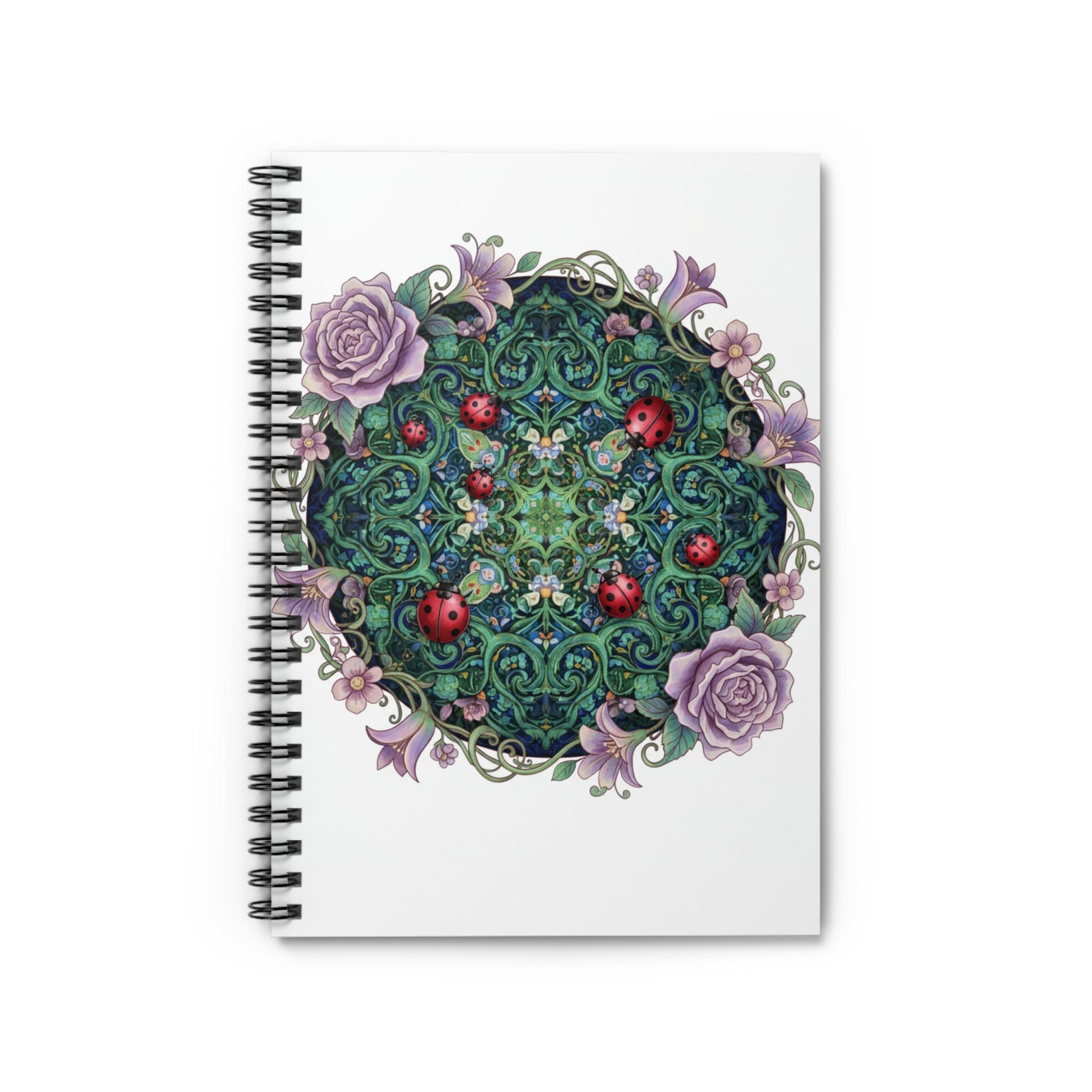 Floral Mandala Spiral Notebook — Garden Rose Ladybug Ruled Journal