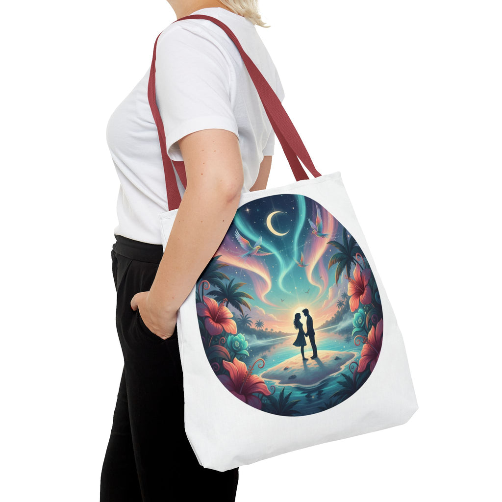 Romantic Moonlit Beach Tote Bag — Couple Silhouette Tropical Night Print