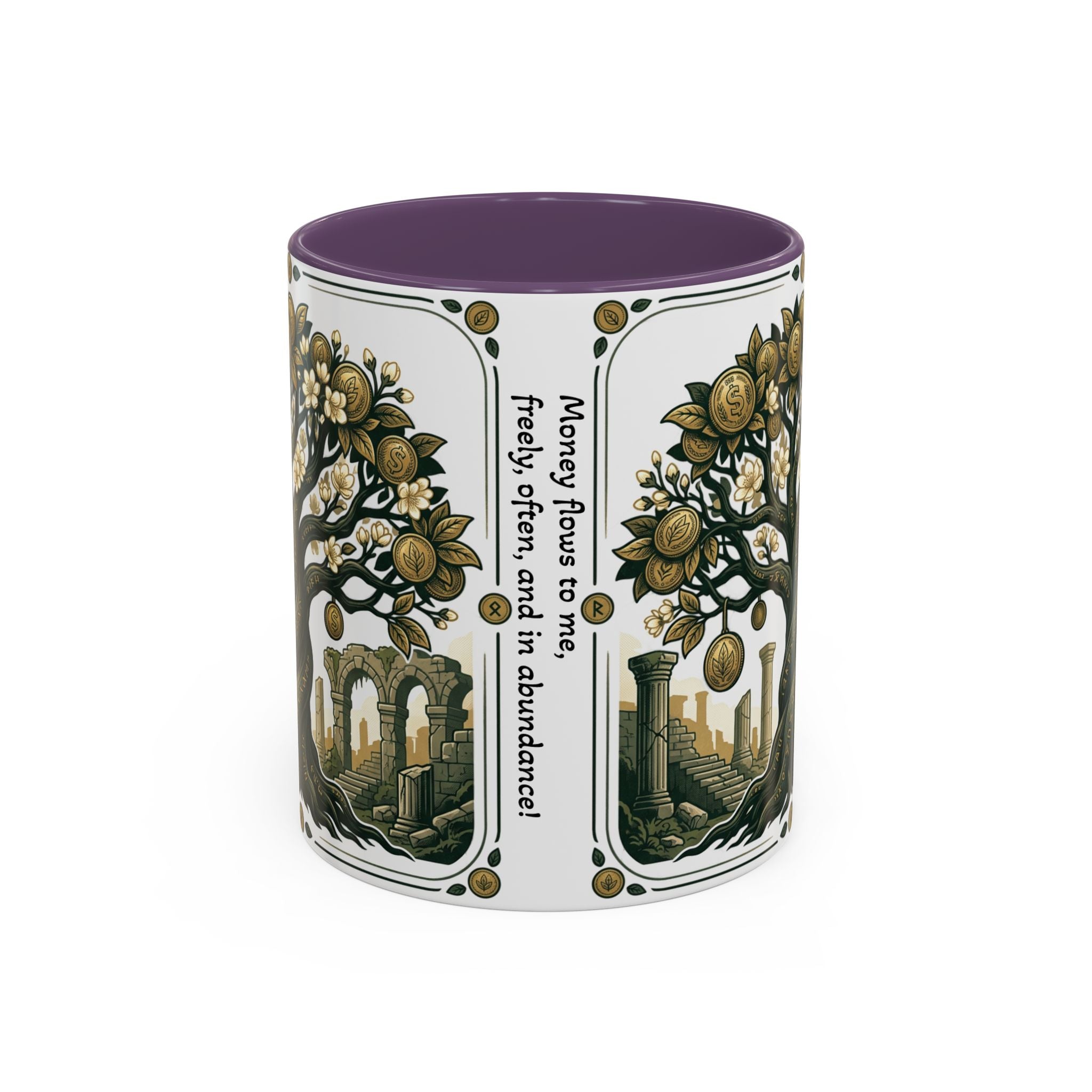 Ornate Tree of Coins Coffee Mug — Gold Ruins Accent Ceramic Mug (11/15oz)