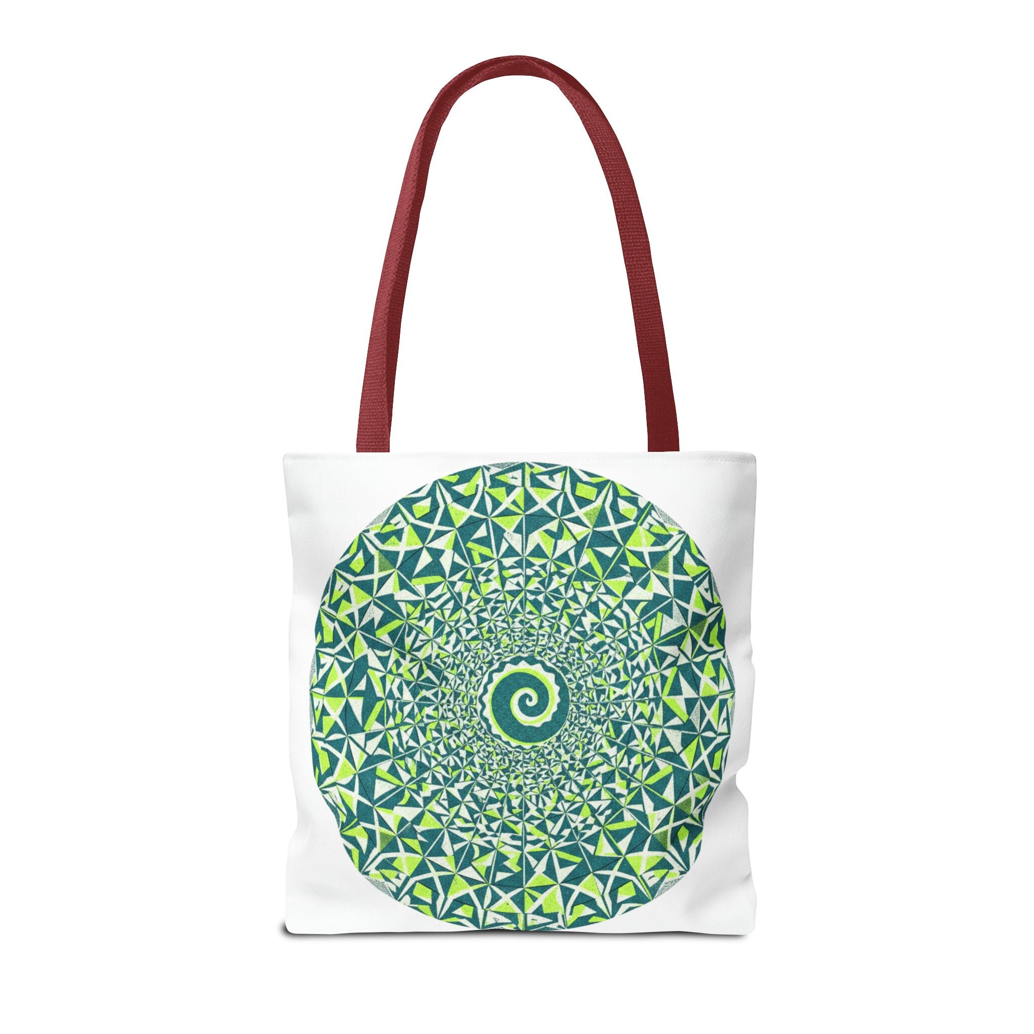 Spiral Mandala Tote Bag — Green Geometric All-Over Print Tote