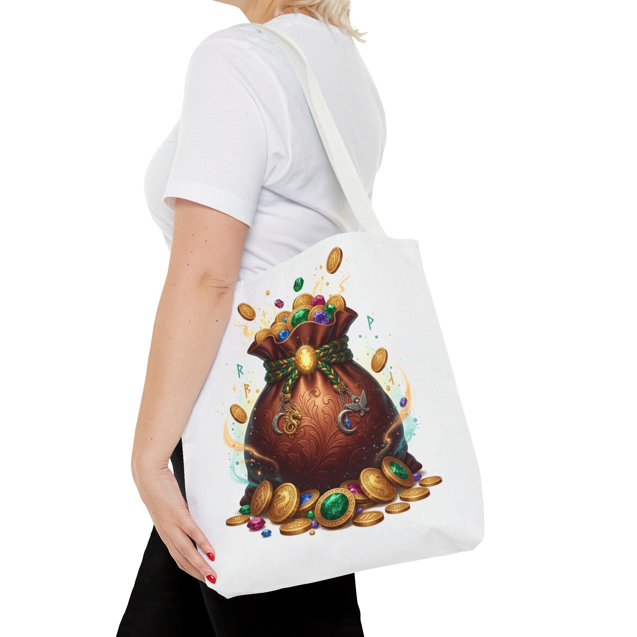 Treasure Pouch Tote Bag — Colorful Gem & Gold Coin All-Over Print Tote