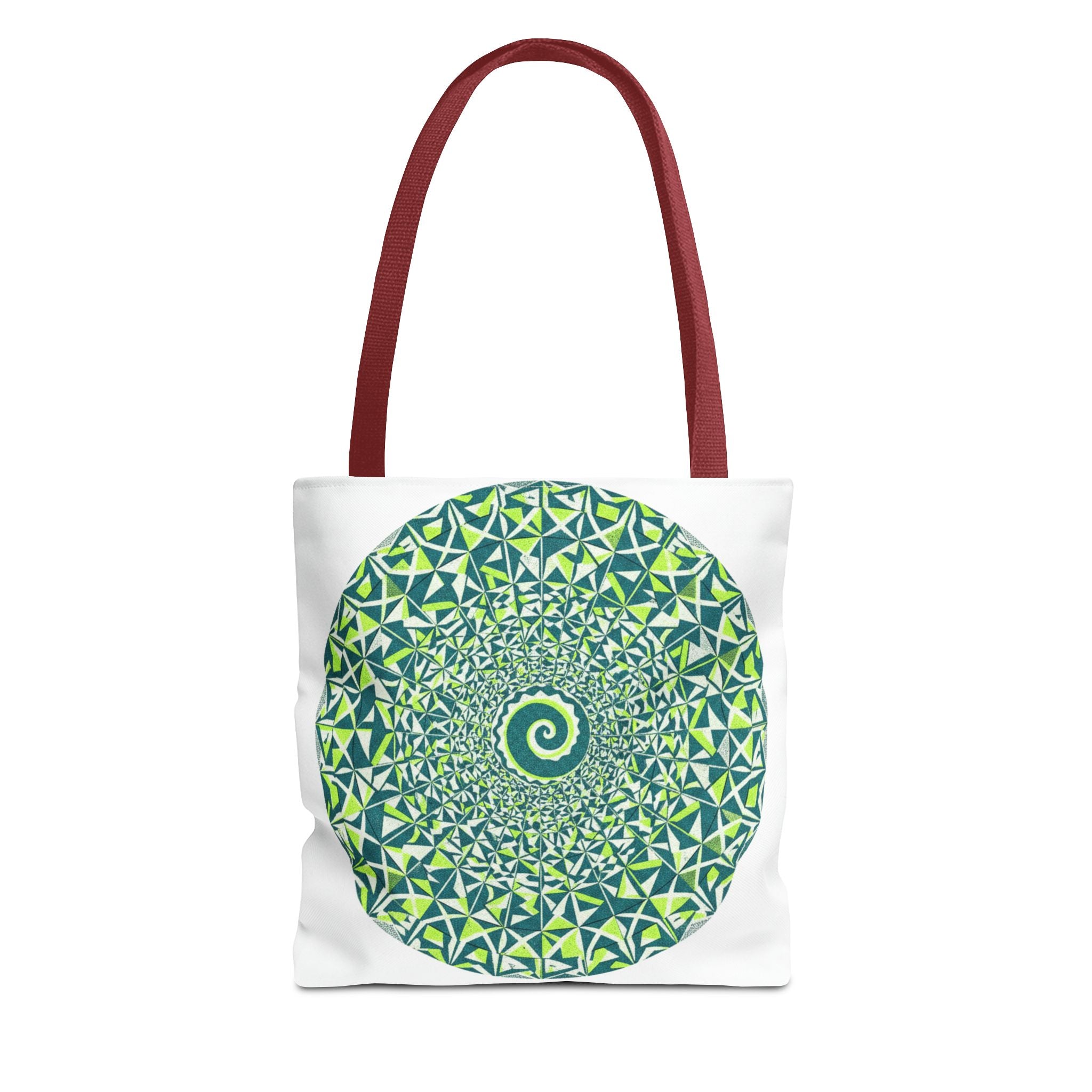 Spiral Mandala Tote Bag — Green Geometric All-Over Print Tote