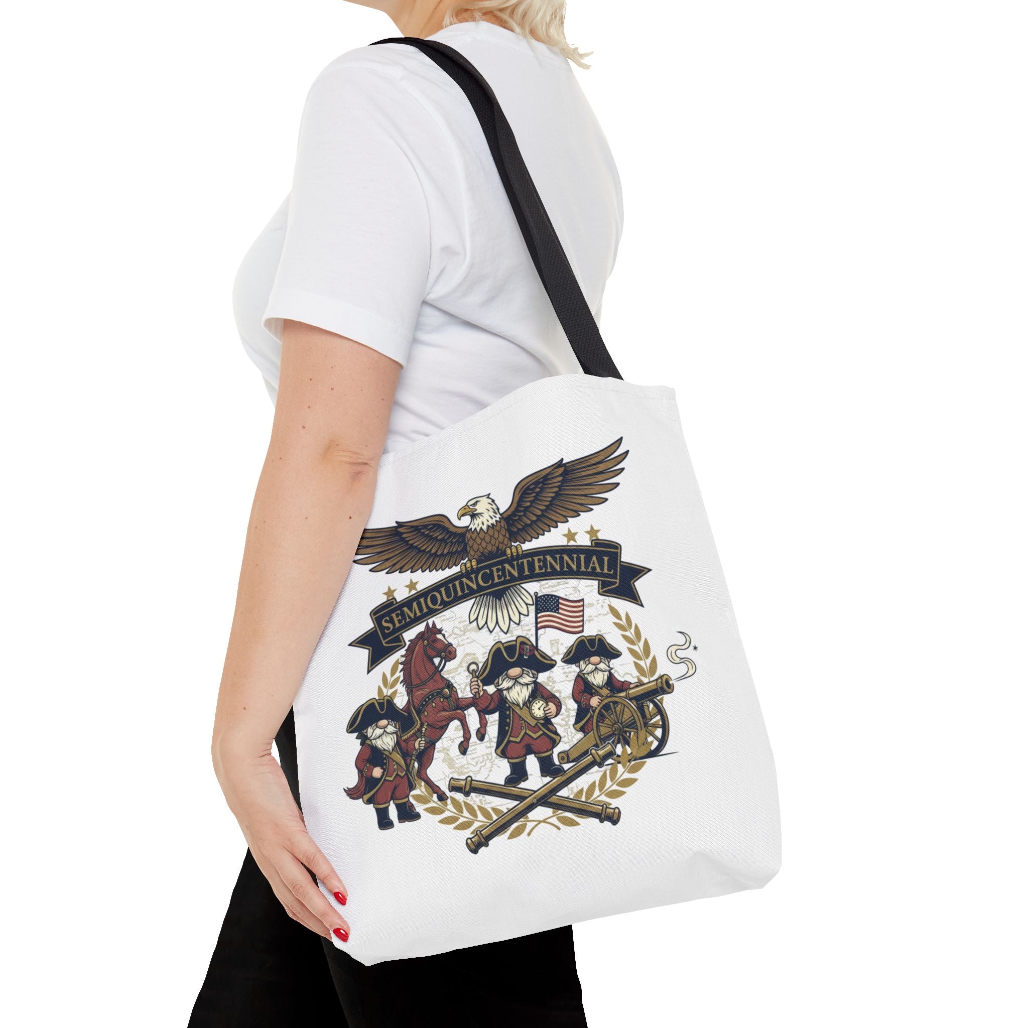 Semiquincentennial Patriotic Tote Bag — Eagle, Colonial Soldiers & Flags All-Over Print