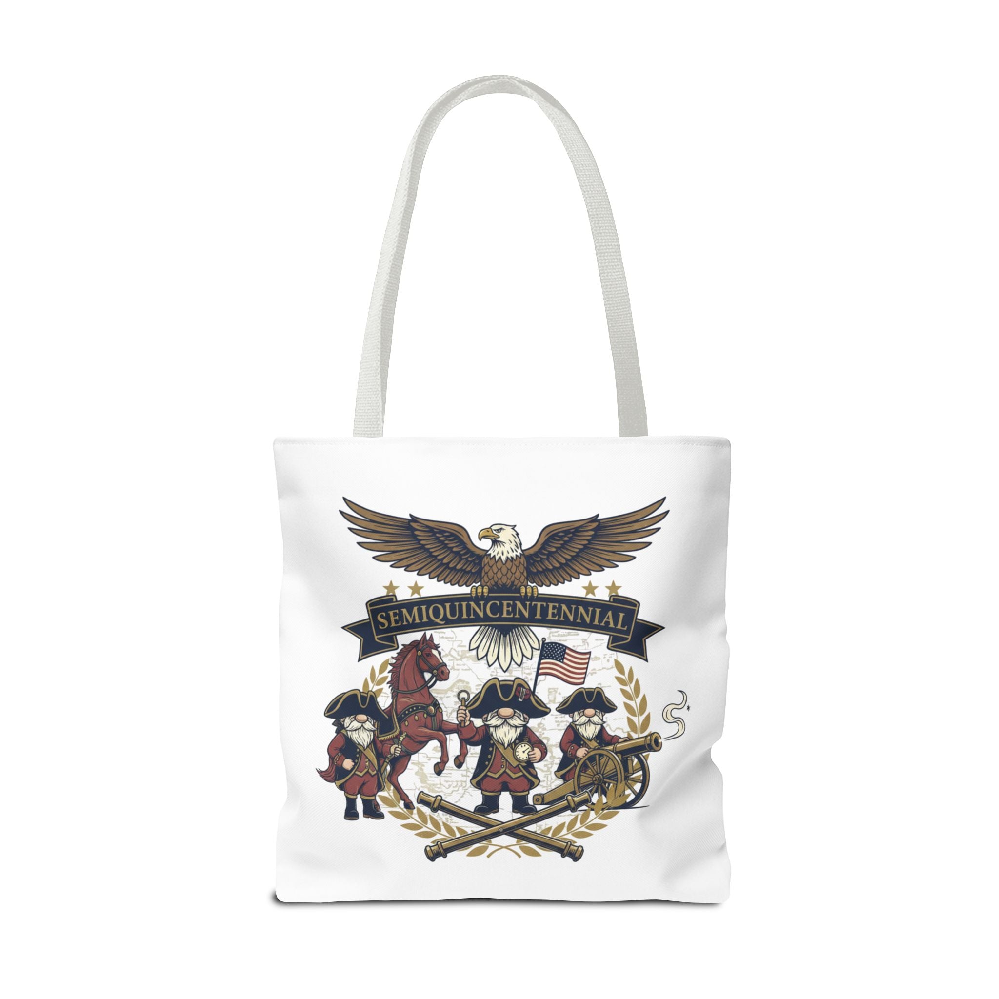 Semiquincentennial Patriotic Tote Bag — Eagle, Colonial Soldiers & Flags All-Over Print