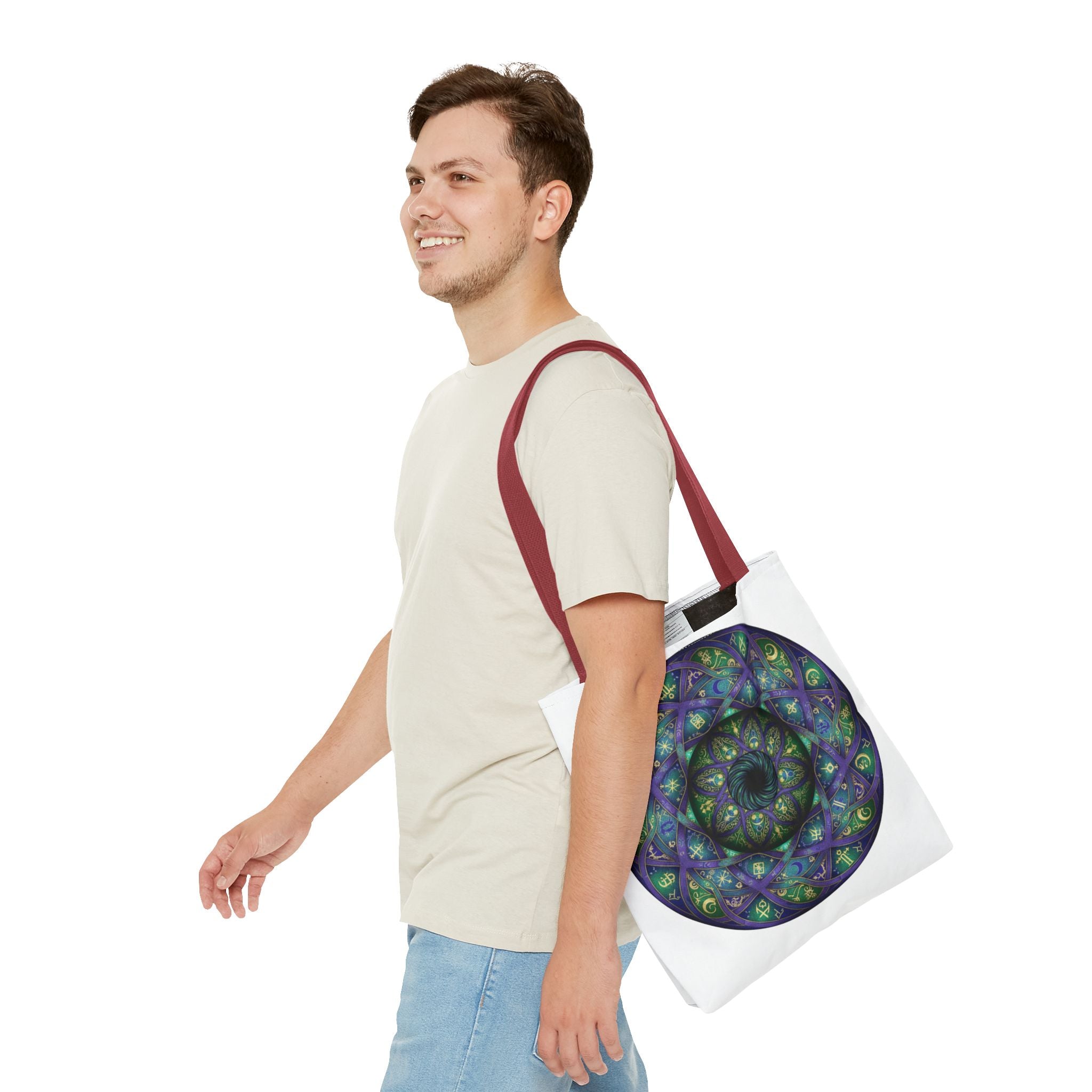 Mystic Mandala Tote Bag — Purple Green Spiral All-Over Print