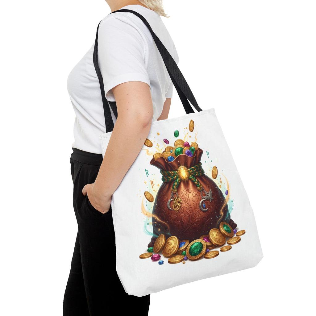 Treasure Pouch Tote Bag — Colorful Gem & Gold Coin All-Over Print Tote