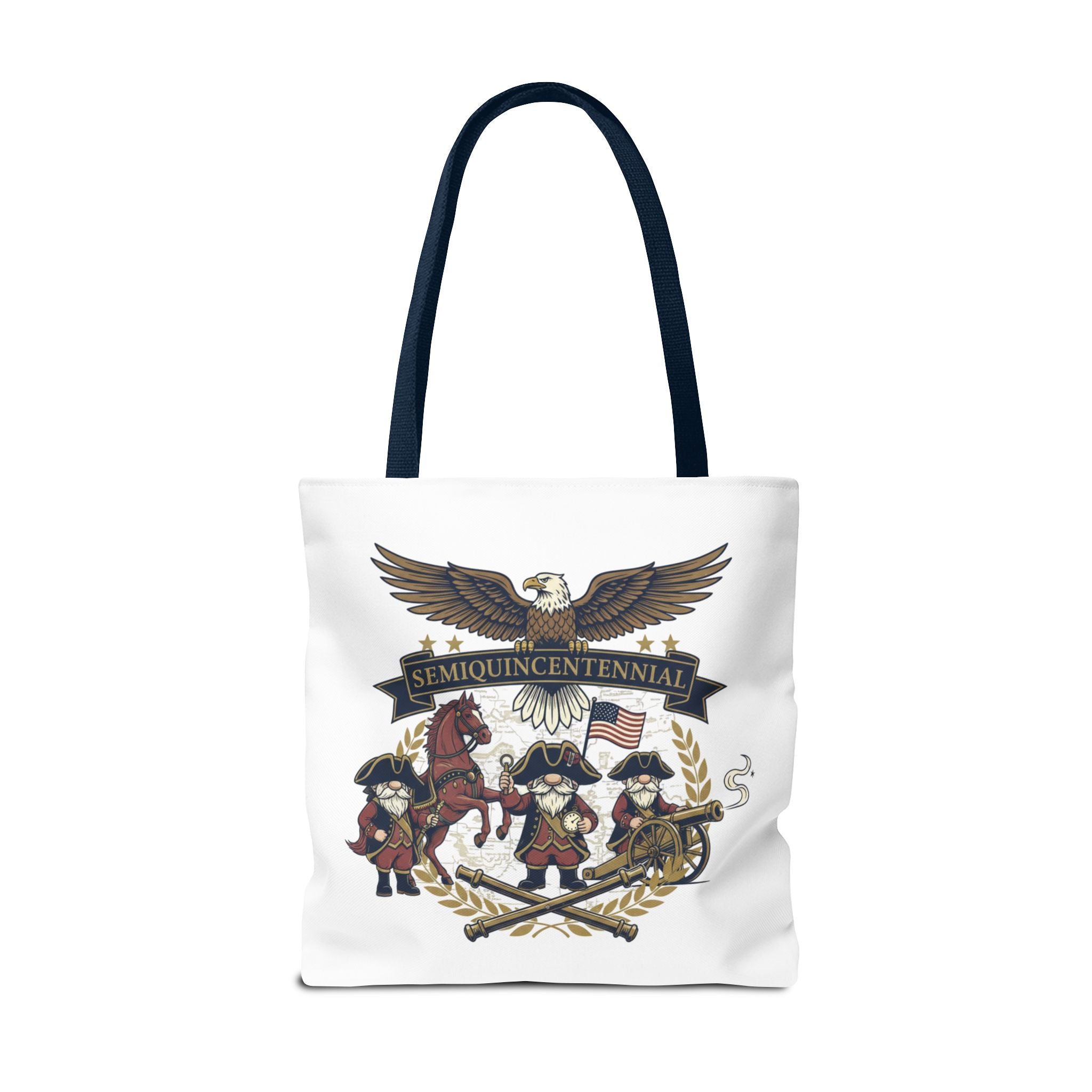 Semiquincentennial Patriotic Tote Bag — Eagle, Colonial Soldiers & Flags All-Over Print