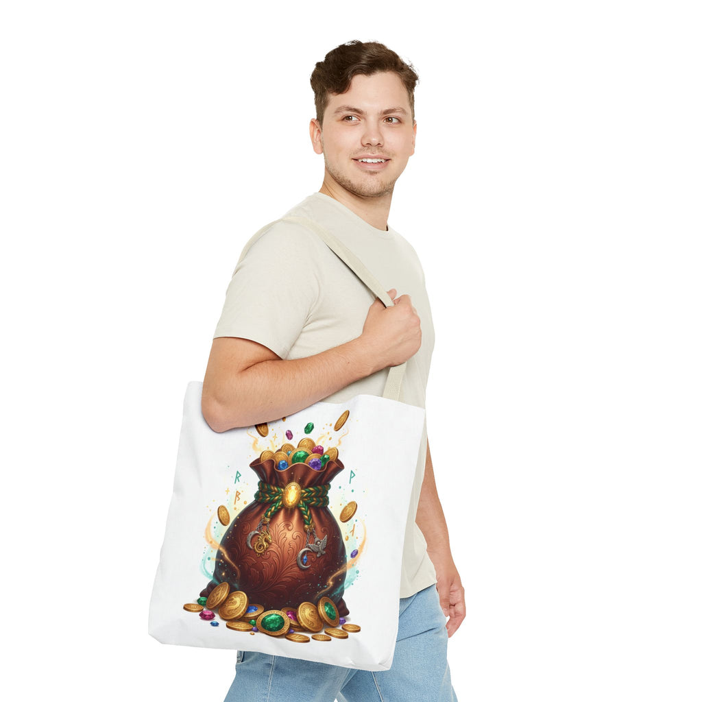 Treasure Pouch Tote Bag — Colorful Gem & Gold Coin All-Over Print Tote