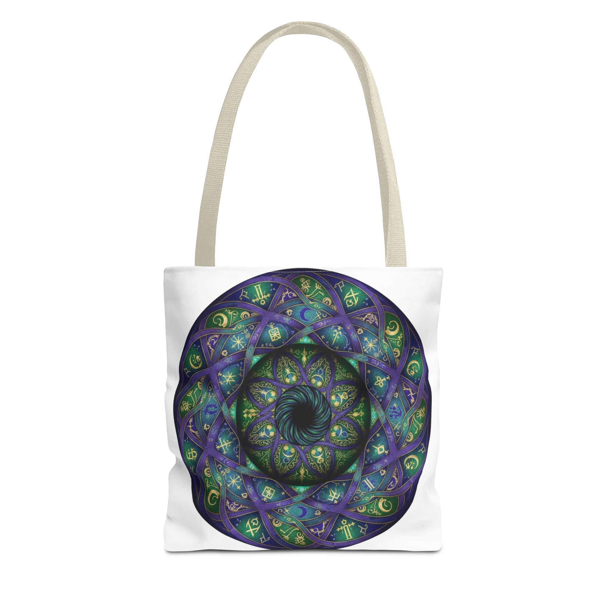 Mystic Mandala Tote Bag — Purple Green Spiral All-Over Print