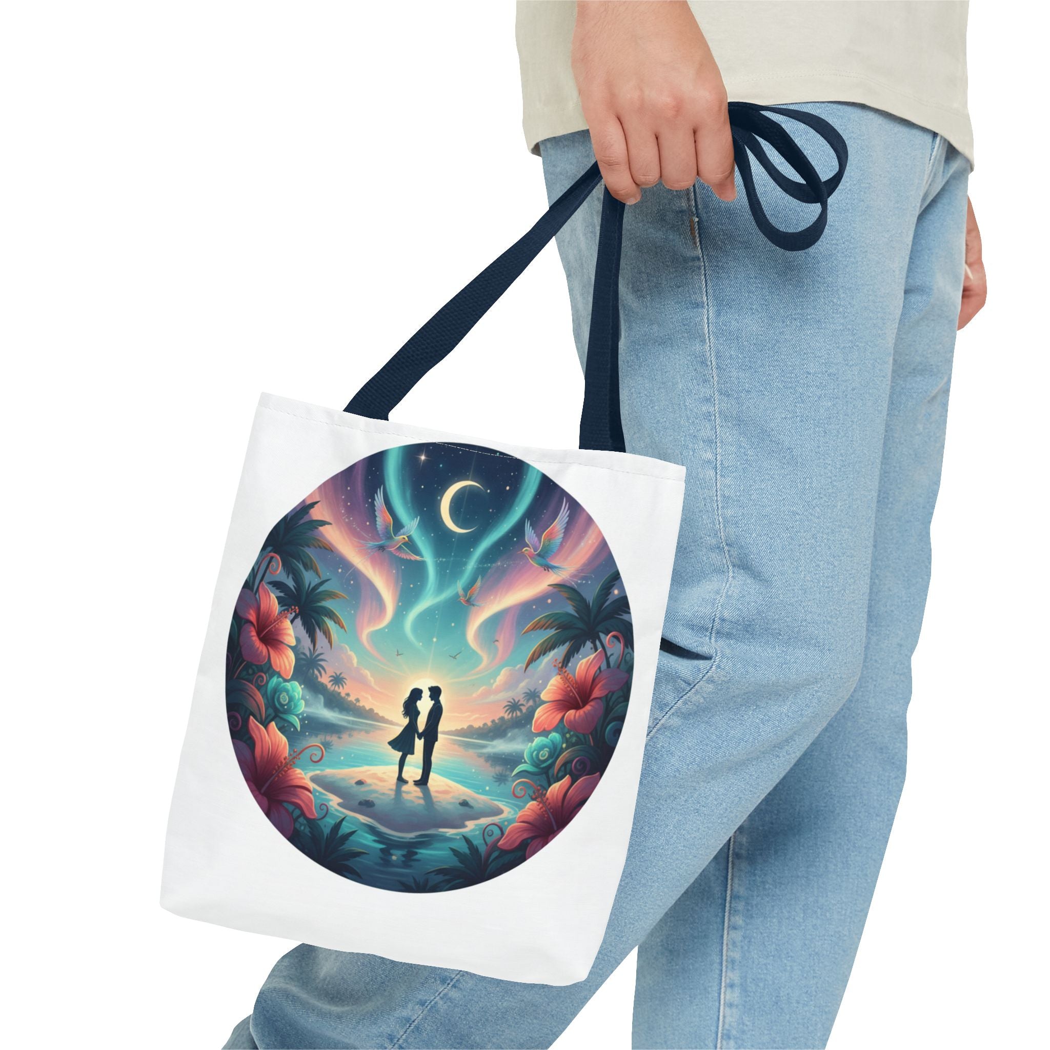 Romantic Moonlit Beach Tote Bag — Couple Silhouette Tropical Night Print