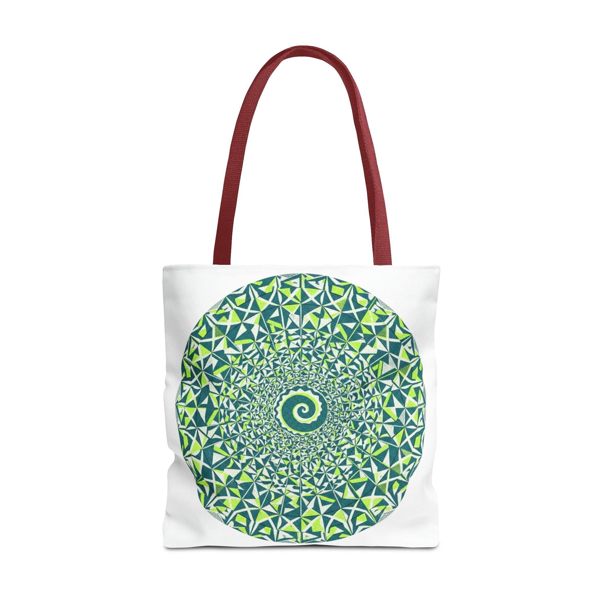 Spiral Mandala Tote Bag — Green Geometric All-Over Print Tote