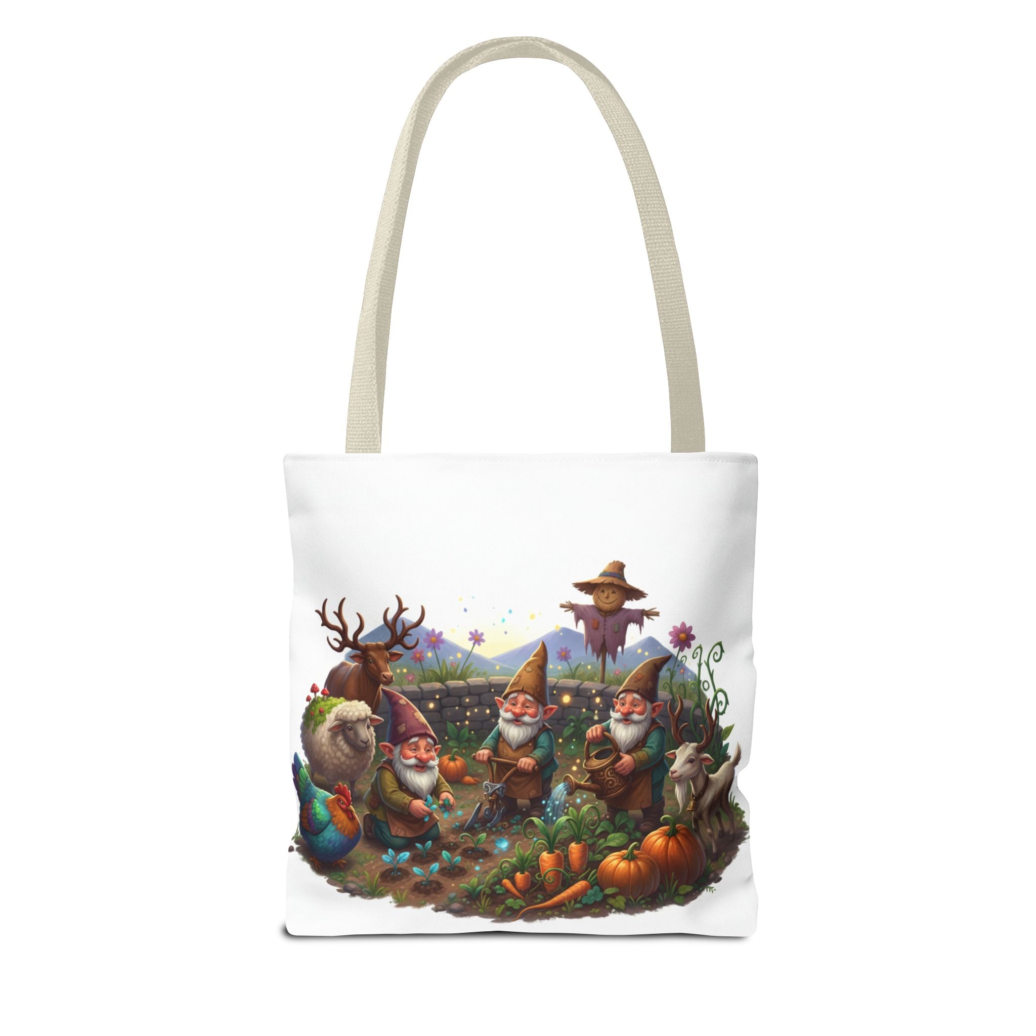 Gnome Garden Tote Bag — Whimsical Gnome & Pumpkin Illustration AOP Tote