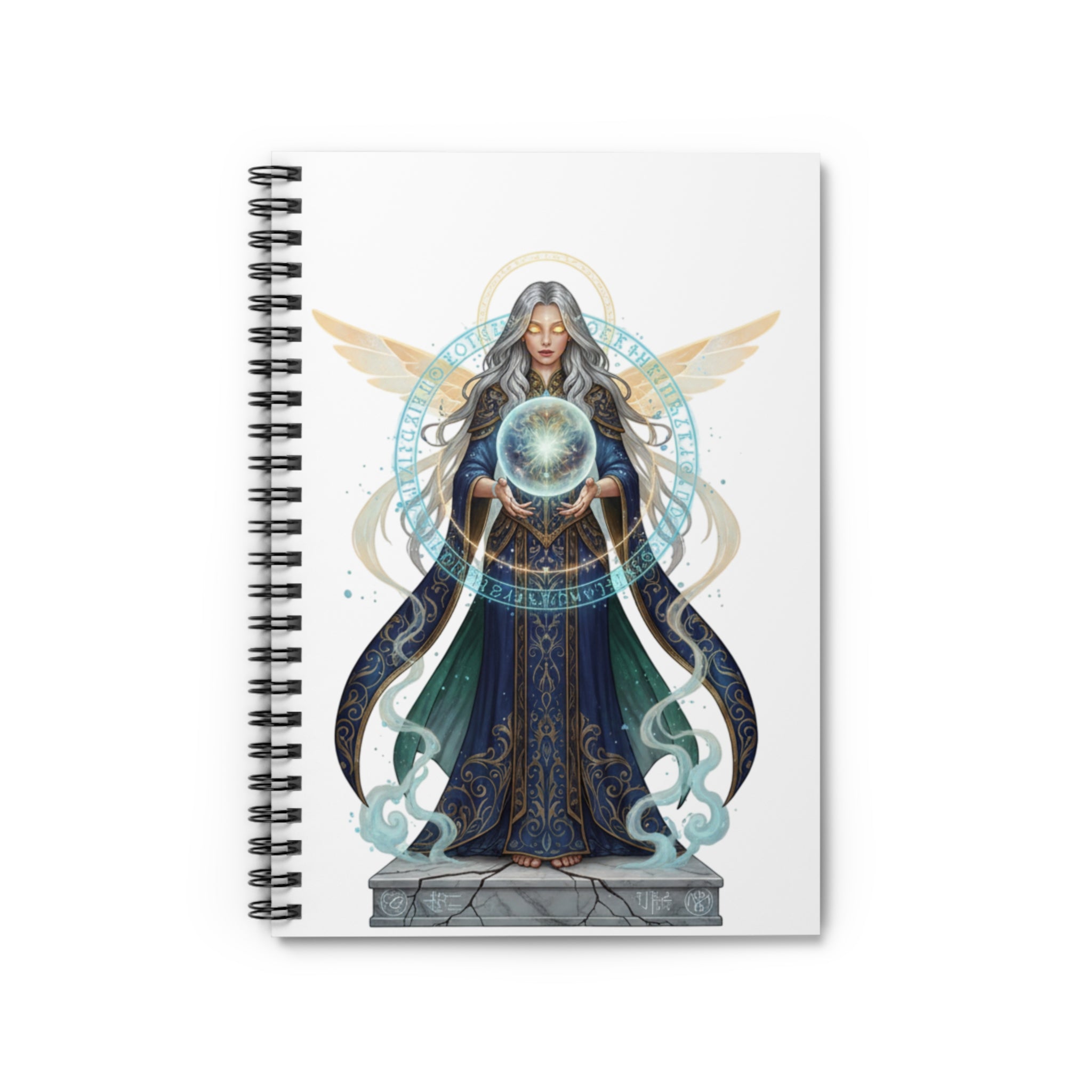 Mystic Oracle Spiral Notebook — Angelic Sorceress with Crystal Globe