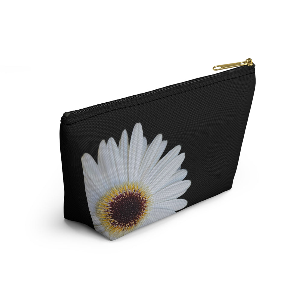 Daisy Floral Accessory Pouch — Black T‑Bottom Makeup Bag