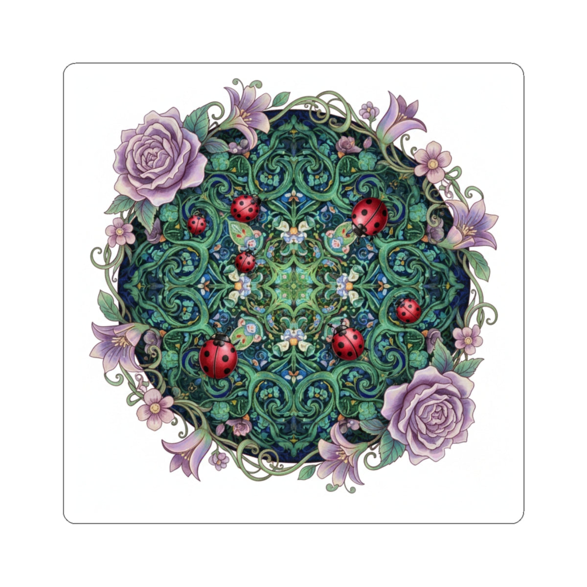 Floral Ladybug Mandala Sticker — Decorative Kiss-Cut Vinyl Sticker