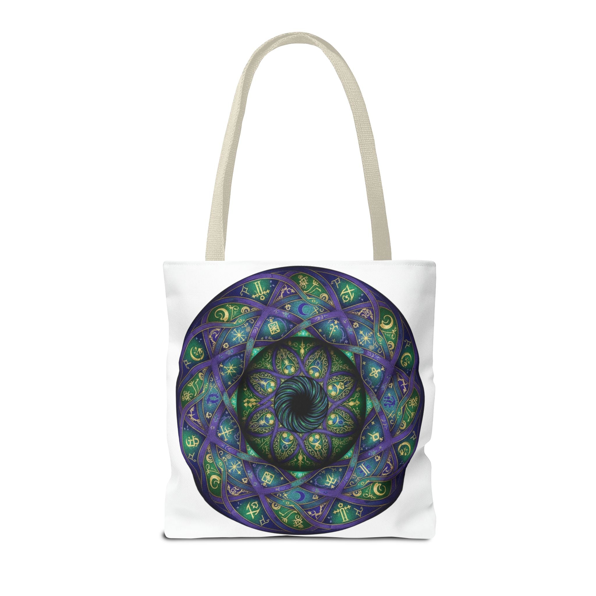 Mystic Mandala Tote Bag — Purple Green Spiral All-Over Print