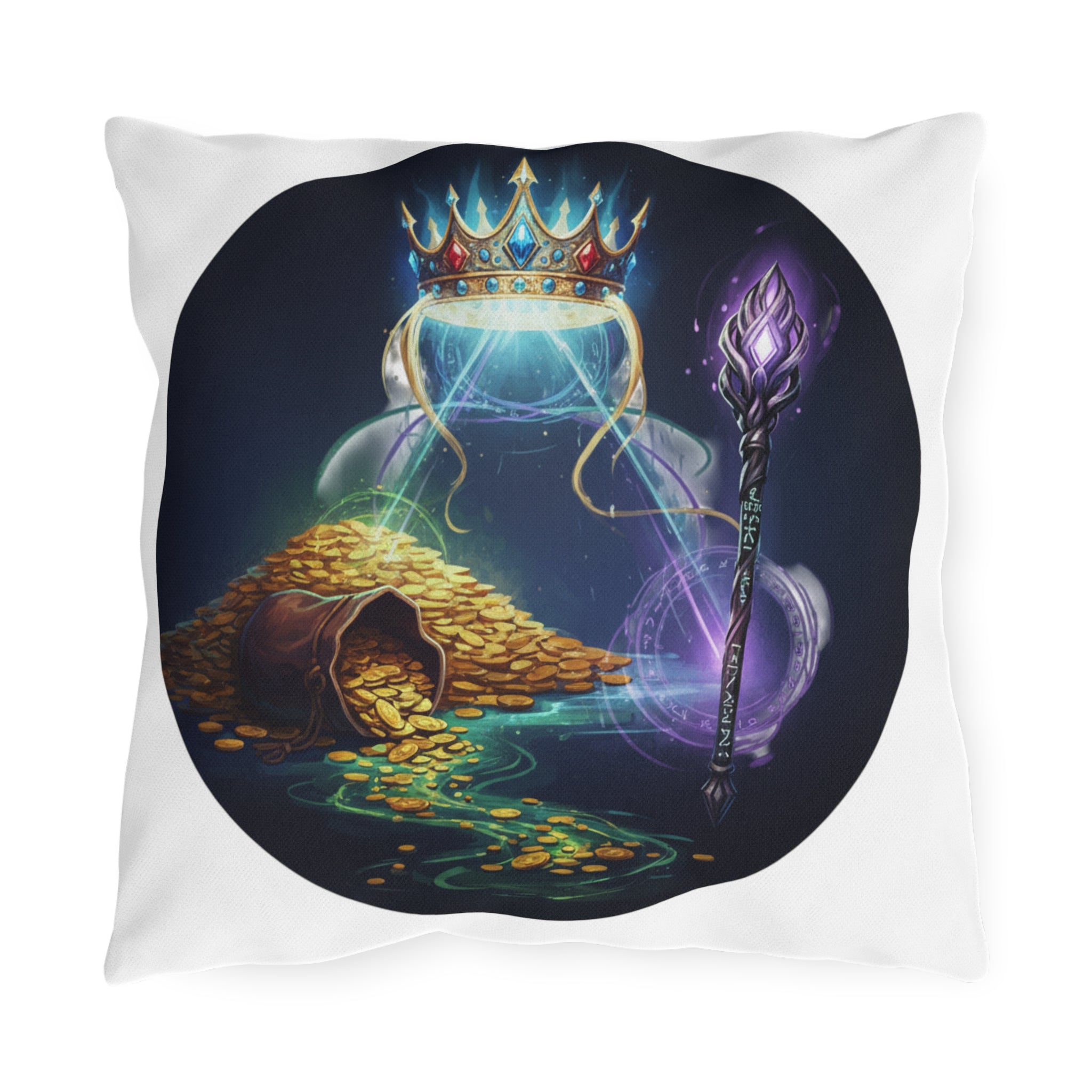Fantasy Treasure Outdoor Pillow — Crown, Magic Staff & Gold Hoard Patio Accent