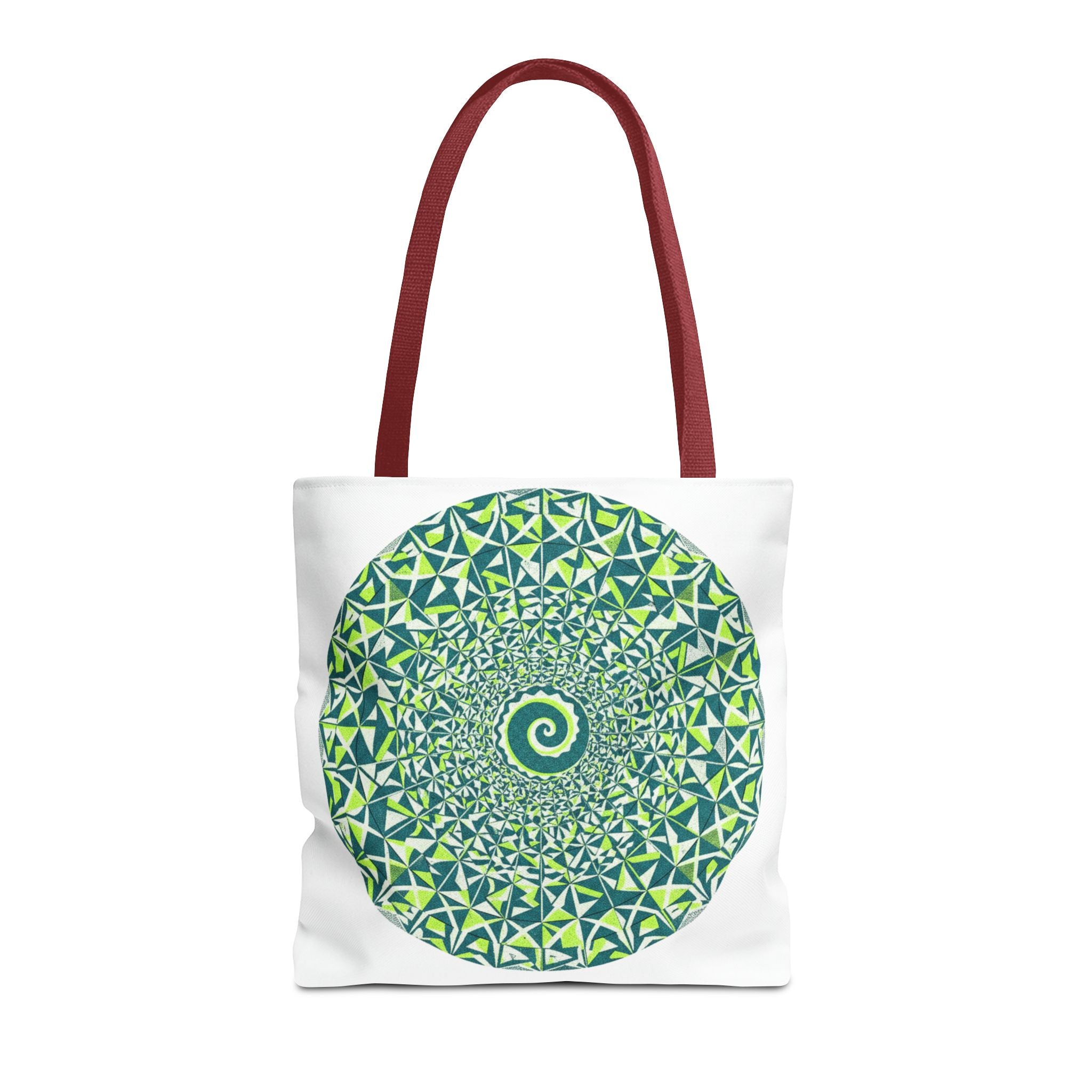 Spiral Mandala Tote Bag — Green Geometric All-Over Print Tote