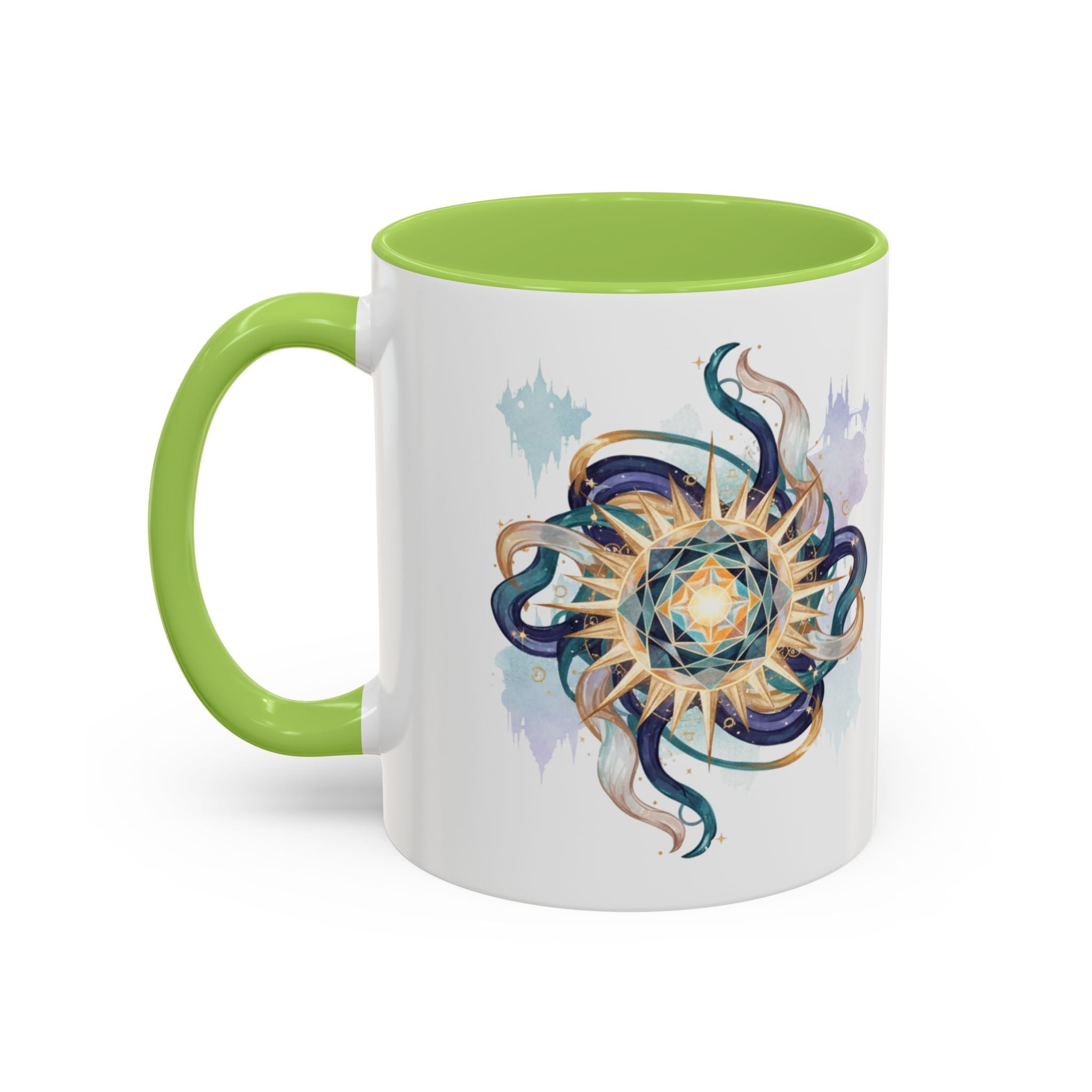 Celestial Nautilus Accent Coffee Mug — Ocean Sun Compass Art (11/15oz)