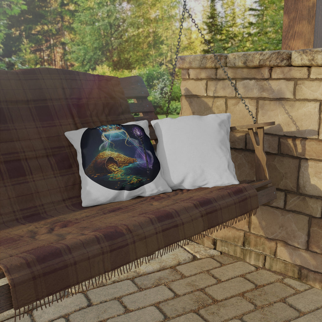 Fantasy Treasure Outdoor Pillow — Crown, Magic Staff & Gold Hoard Patio Accent