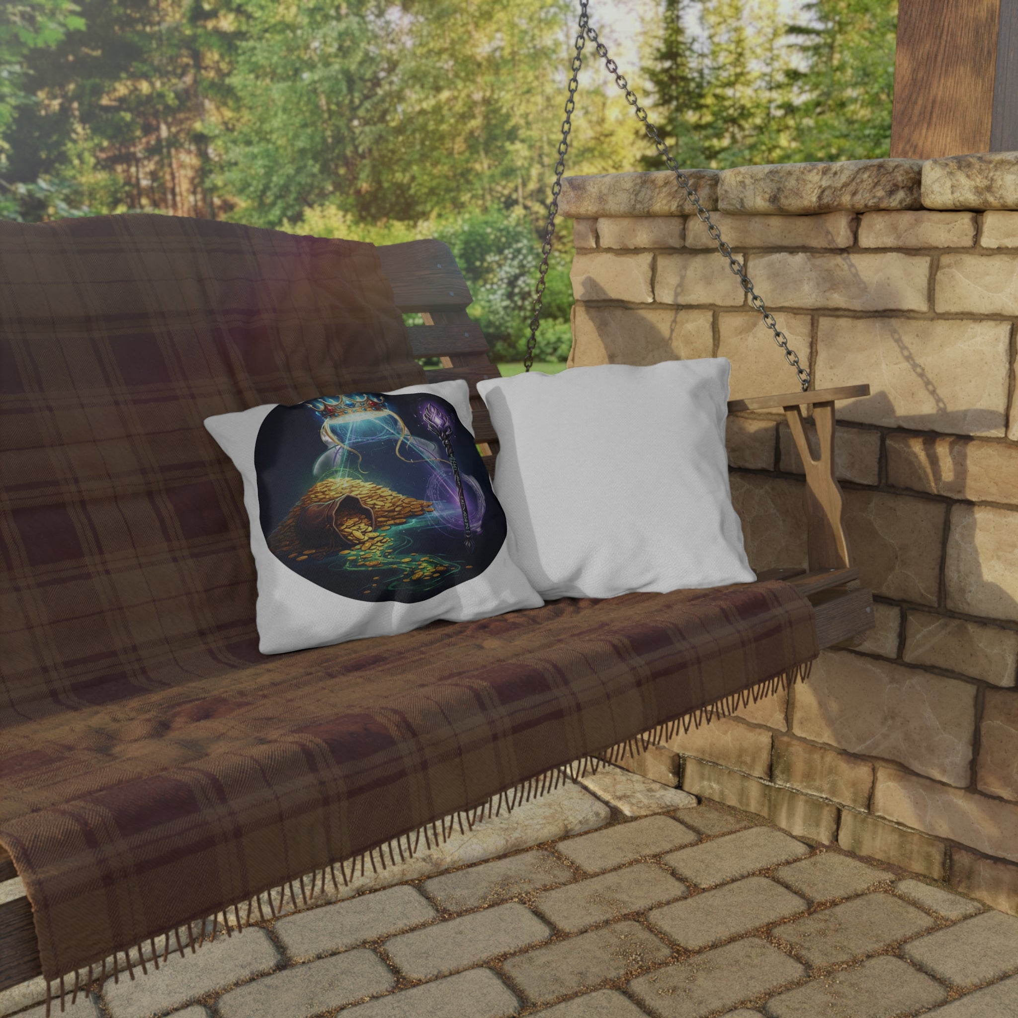 Fantasy Treasure Outdoor Pillow — Crown, Magic Staff & Gold Hoard Patio Accent