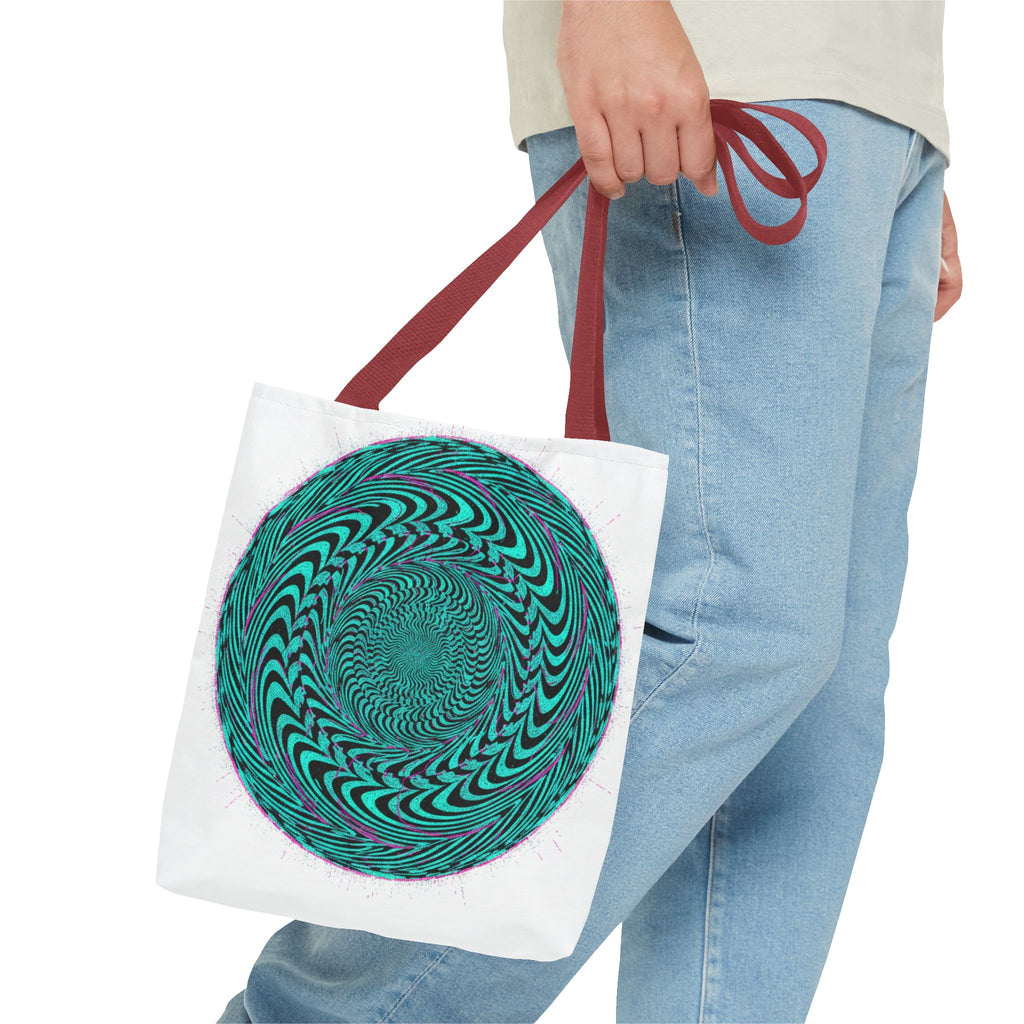 Psychedelic Spiral Tote Bag — Teal Optical Illusion All-Over Print