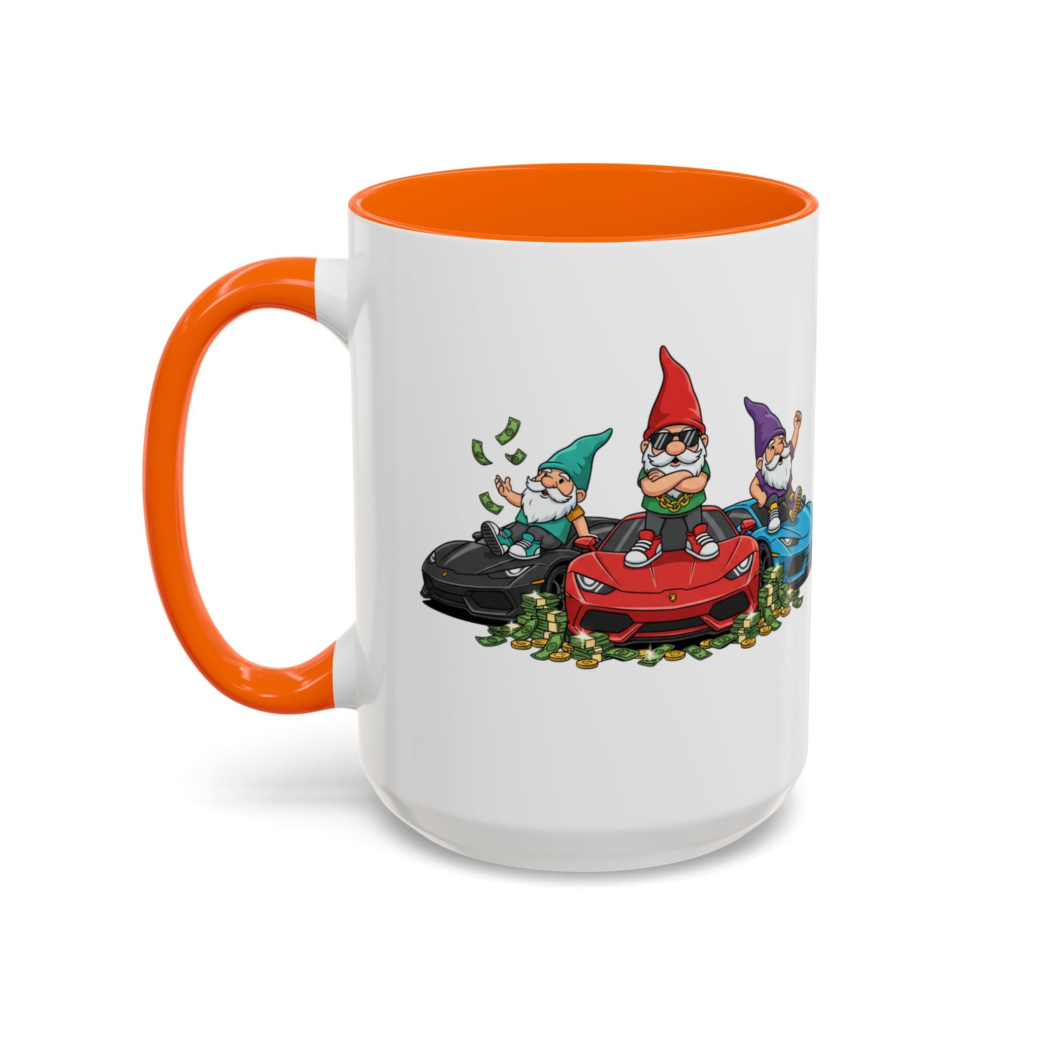 Gnome Car Crew Accent Coffee Mug — Racing Gnomes with Sports Cars (11/15oz)