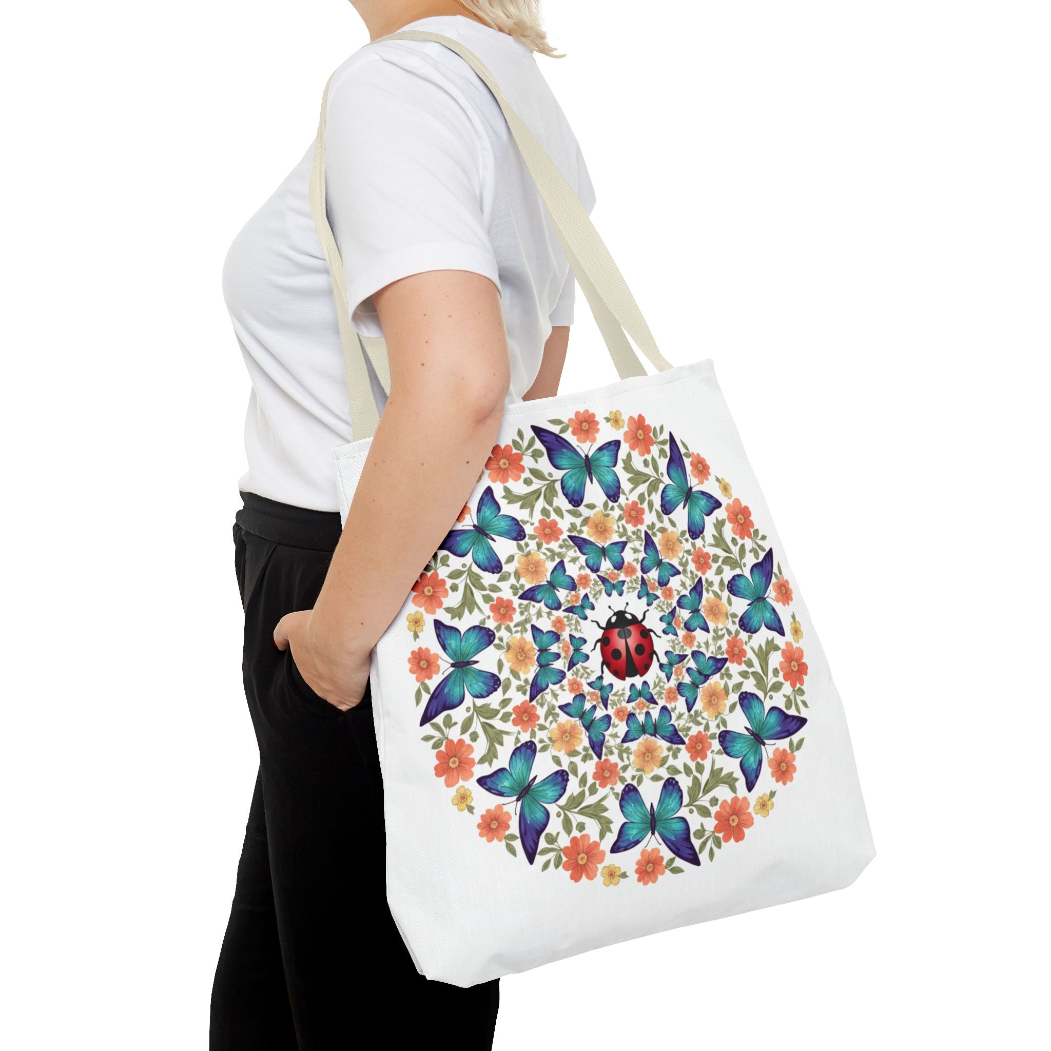 Butterfly & Ladybug Floral Tote Bag – Boho Mandala AOP Beach & Market Bag