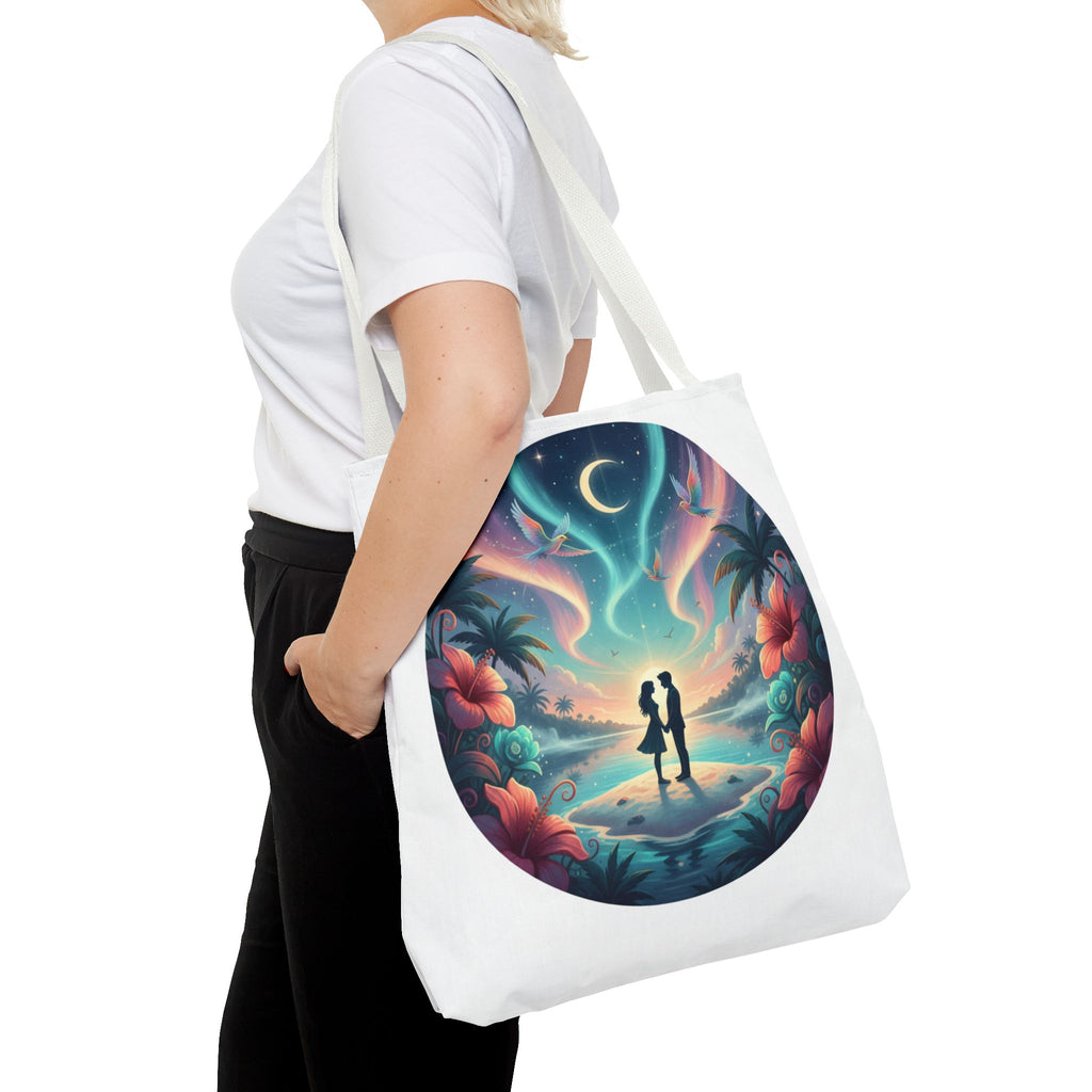 Romantic Moonlit Beach Tote Bag — Couple Silhouette Tropical Night Print