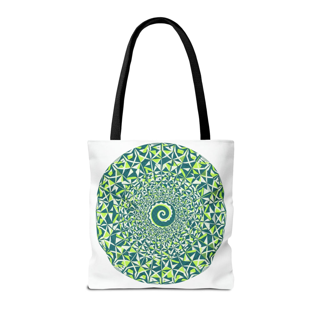 Spiral Mandala Tote Bag — Green Geometric All-Over Print Tote