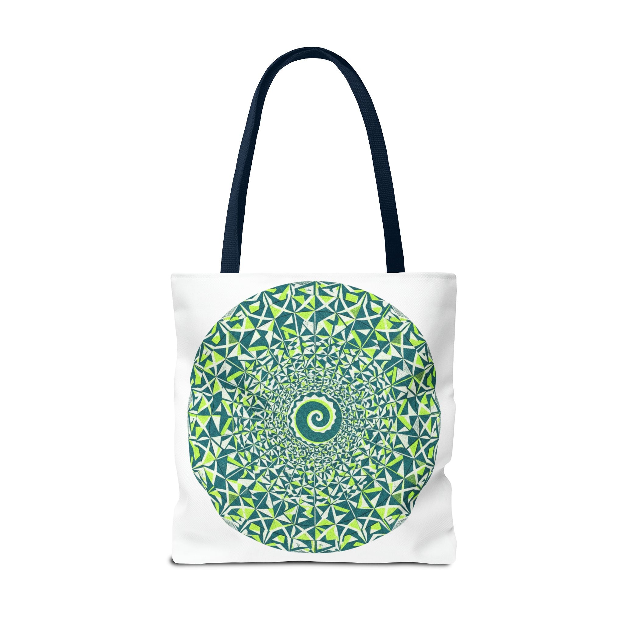 Spiral Mandala Tote Bag — Green Geometric All-Over Print Tote