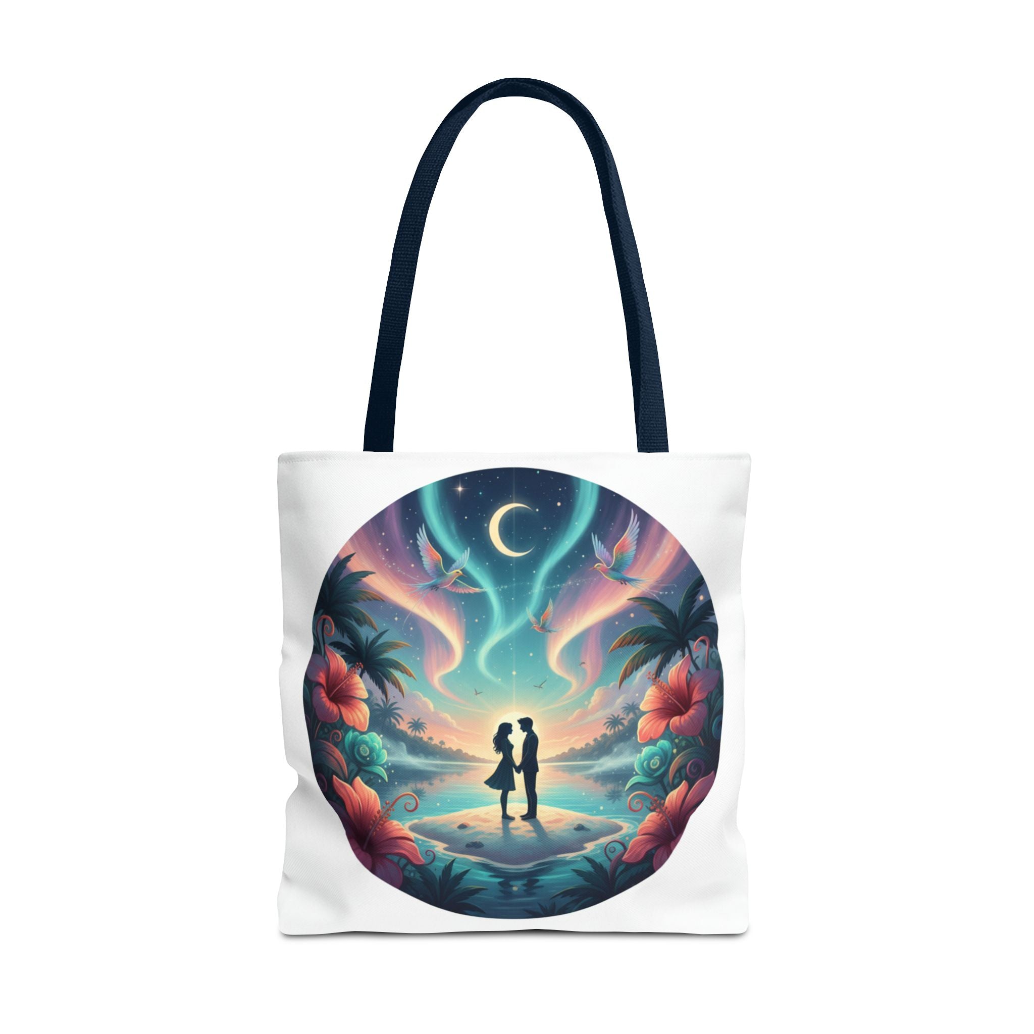 Romantic Moonlit Beach Tote Bag — Couple Silhouette Tropical Night Print