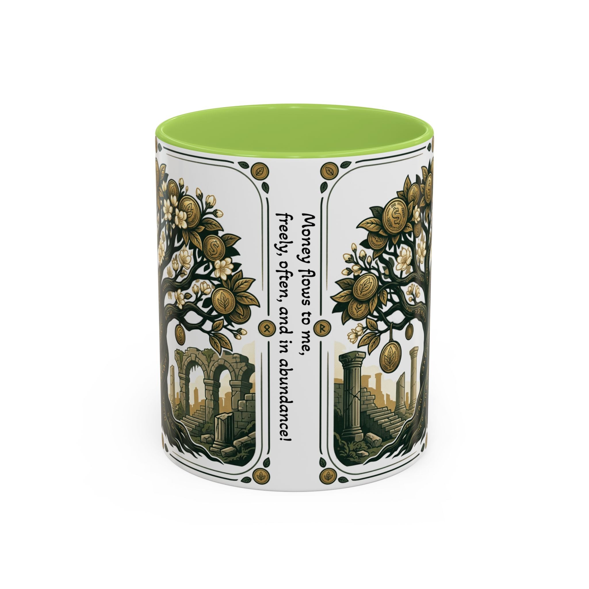 Ornate Tree of Coins Coffee Mug — Gold Ruins Accent Ceramic Mug (11/15oz)