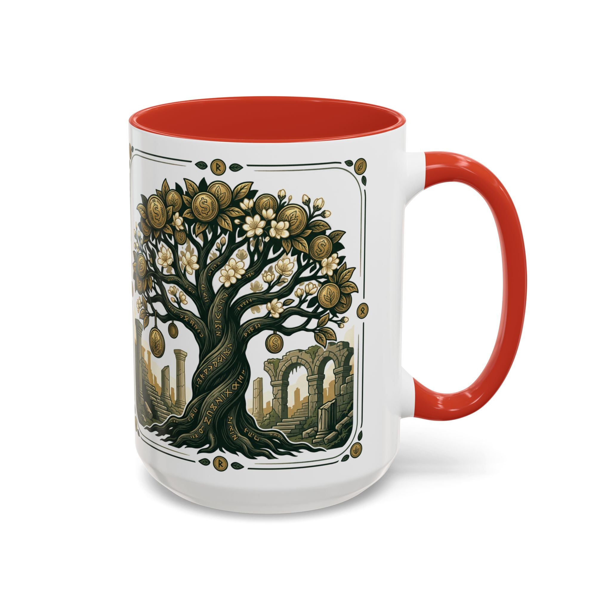 Ornate Tree of Coins Coffee Mug — Gold Ruins Accent Ceramic Mug (11/15oz)