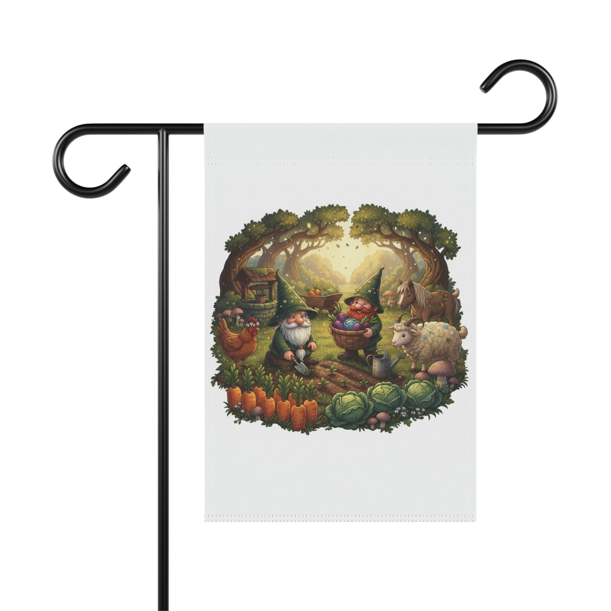 Whimsical Garden Gnomes Garden Flag — Cottage Farm Animals Yard Banner