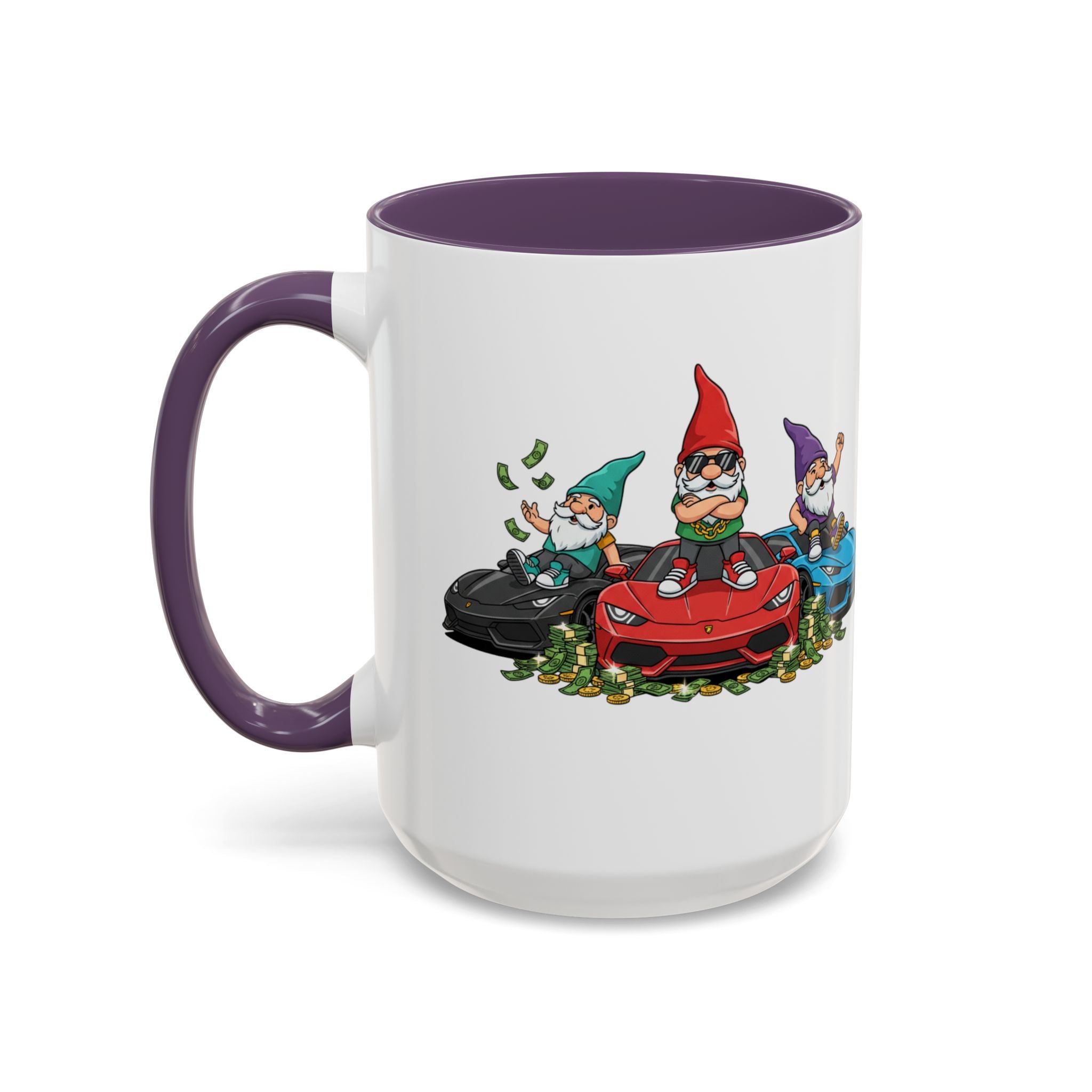 Gnome Car Crew Accent Coffee Mug — Racing Gnomes with Sports Cars (11/15oz)