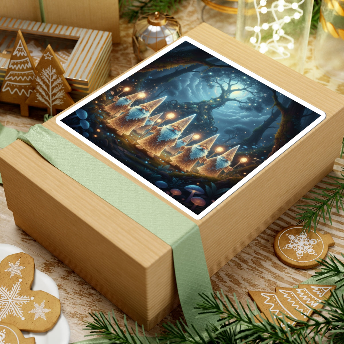 Mystical Gnome Lanterns Sticker — Fairy Forest Night Scene Kiss-Cut Sticker