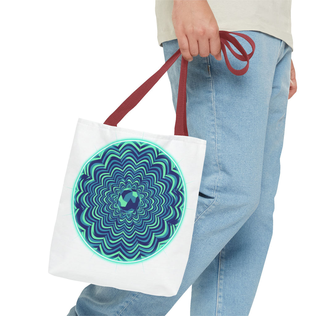 Psychedelic Mandala Tote Bag — Blue Green Optical Art All-Over Print