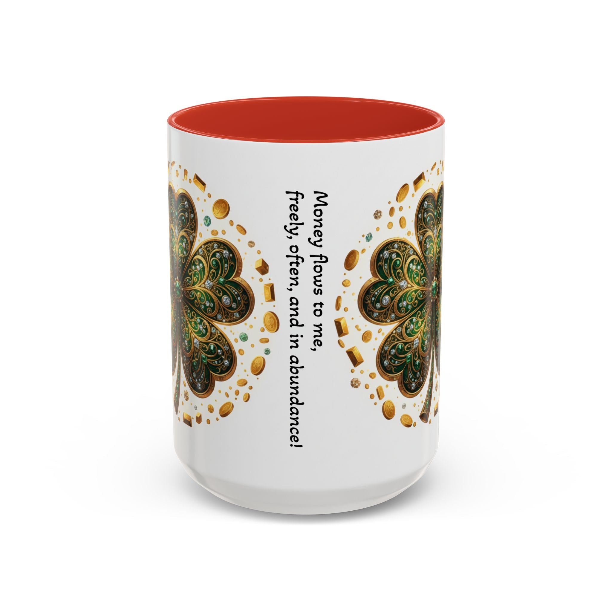 St. Patrick's Shamrock Coffee Mug — "Money Flows to Me" Lucky Charm Accent Mug