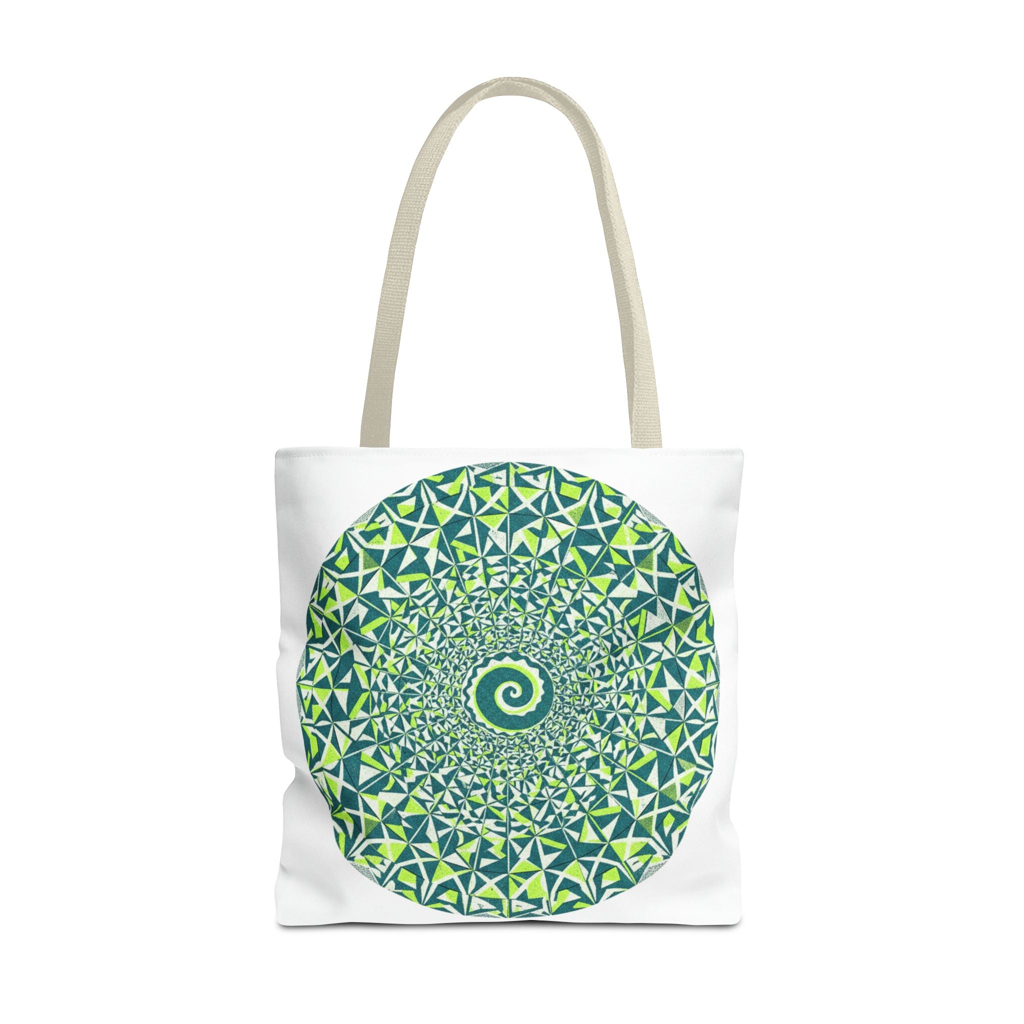 Spiral Mandala Tote Bag — Green Geometric All-Over Print Tote