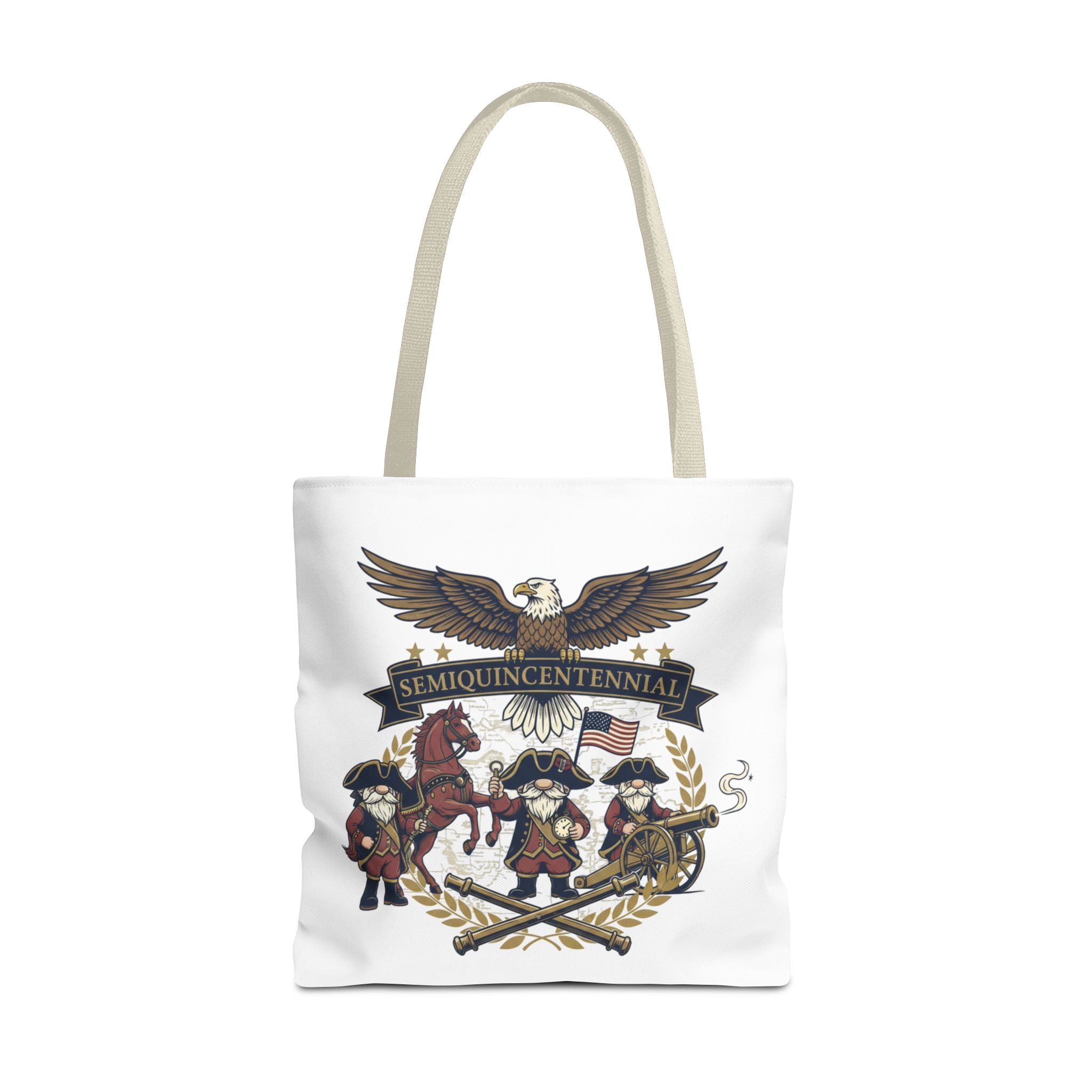 Semiquincentennial Patriotic Tote Bag — Eagle, Colonial Soldiers & Flags All-Over Print