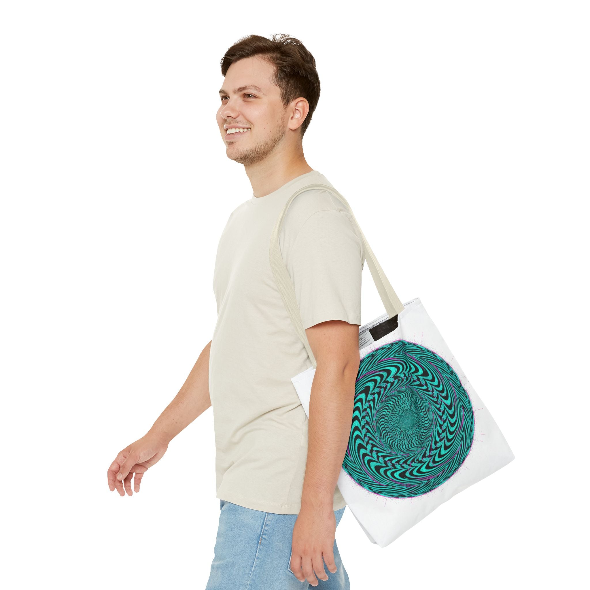 Psychedelic Spiral Tote Bag — Teal Optical Illusion All-Over Print