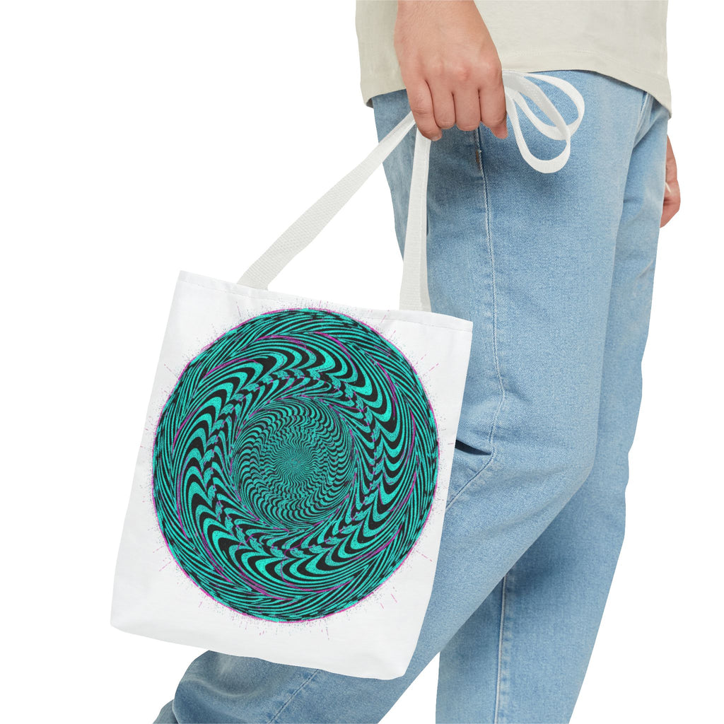 Psychedelic Spiral Tote Bag — Teal Optical Illusion All-Over Print