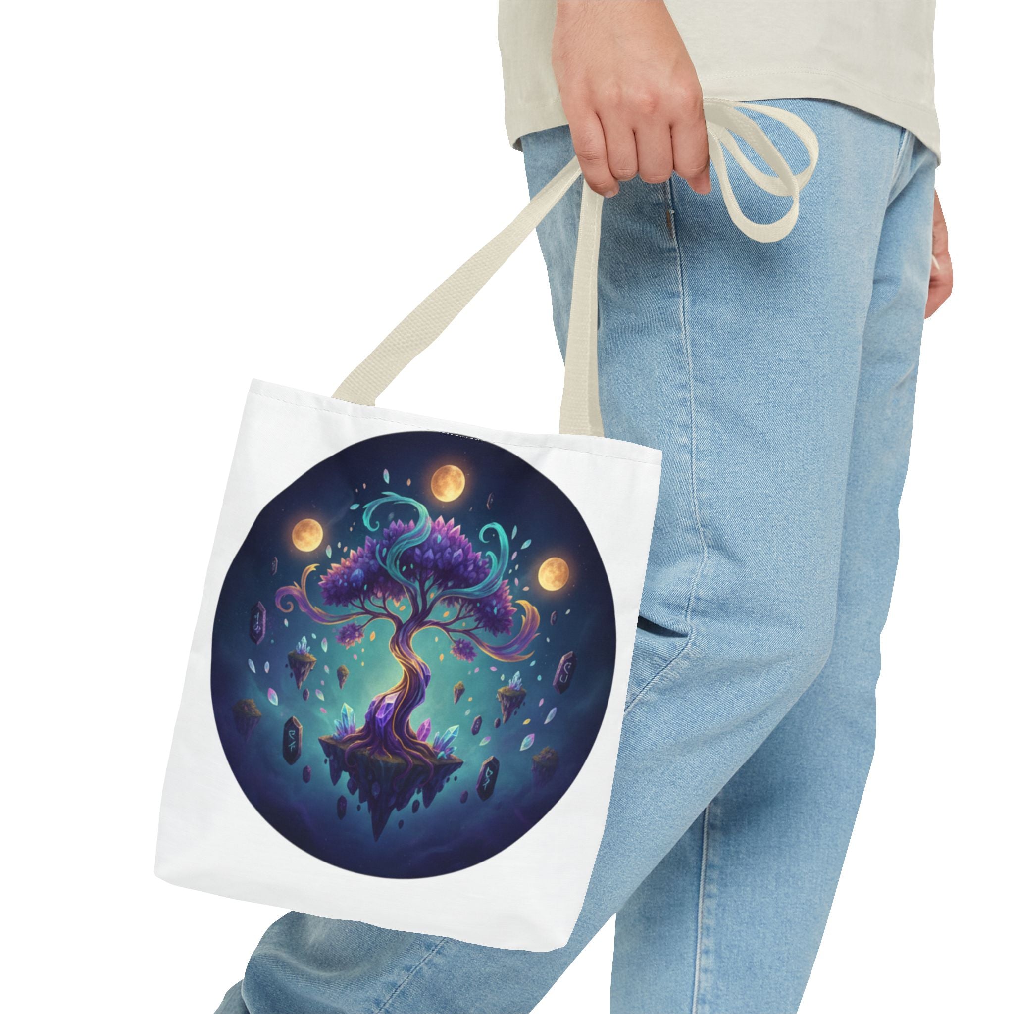 Mystic Floating Tree Tote Bag — Cosmic Moonlight Illustration All-Over Print