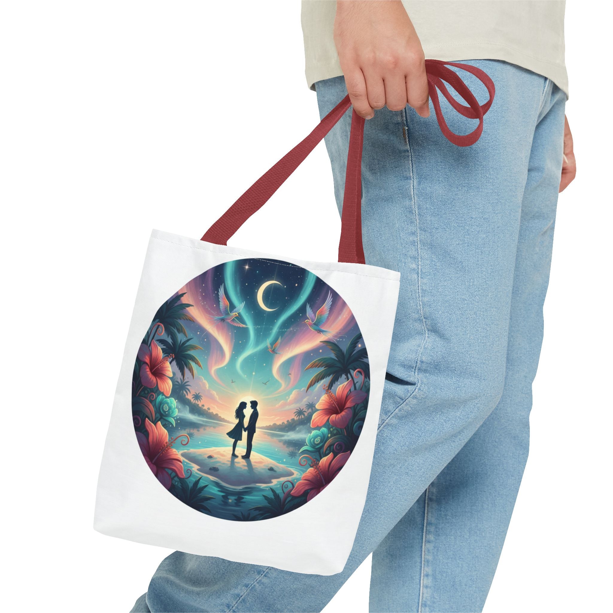 Romantic Moonlit Beach Tote Bag — Couple Silhouette Tropical Night Print